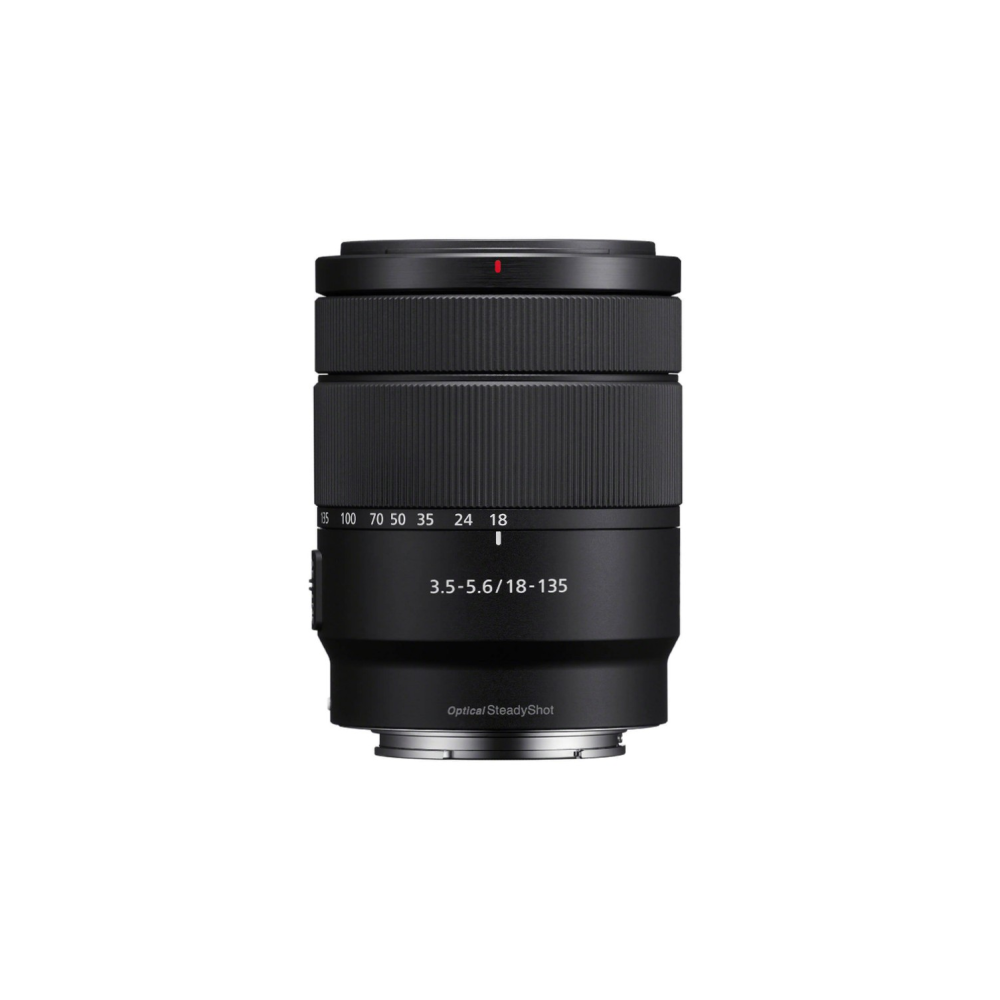 A black camera lens with a zoom ring and focus markings.