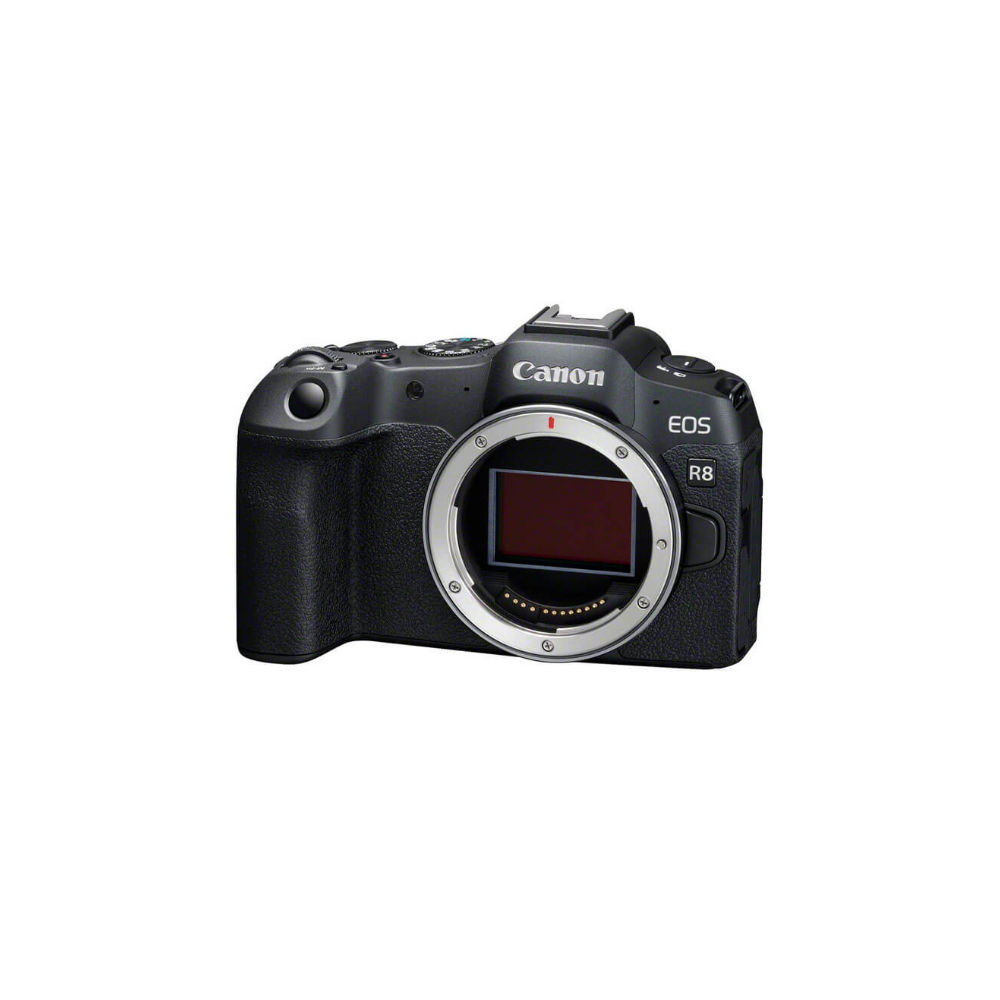 A black Canon EOS R8 camera showing its sensor and lens mount.