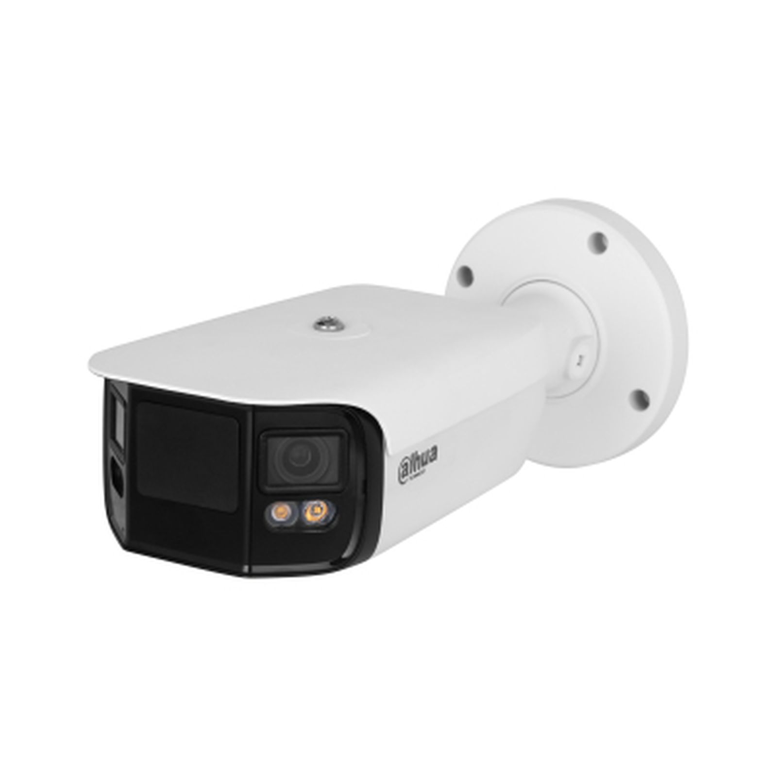 Telecamera di sicurezza bianca da esterno con logo Dahua, lente e IR.