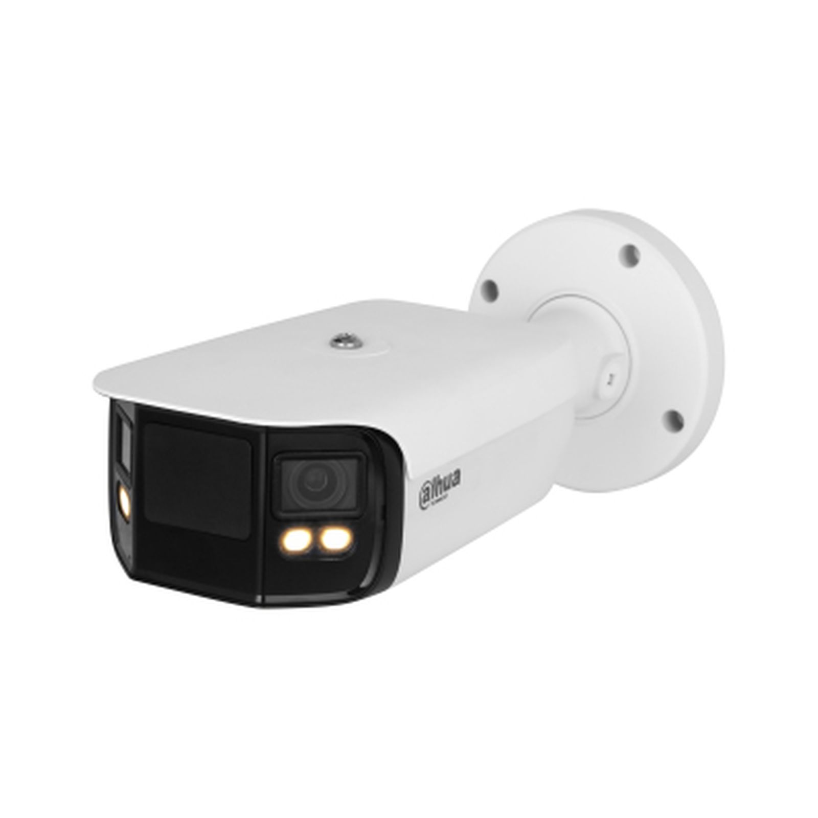 Telecamera di sicurezza bianca con illuminatori IR e lente, su sfondo bianco.