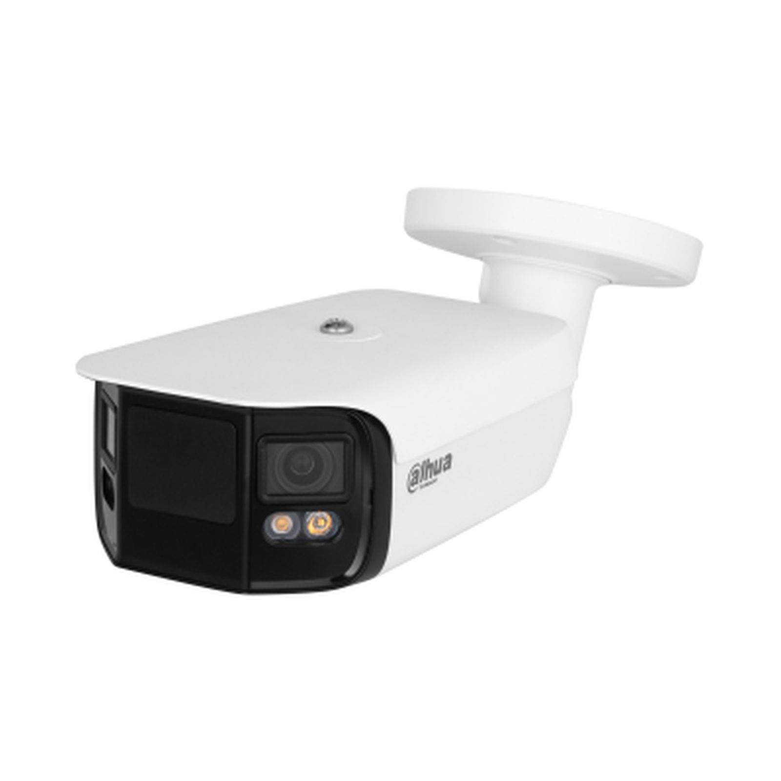 Telecamera di sicurezza Dahua bianca con frontale nero e due luci arancioni.