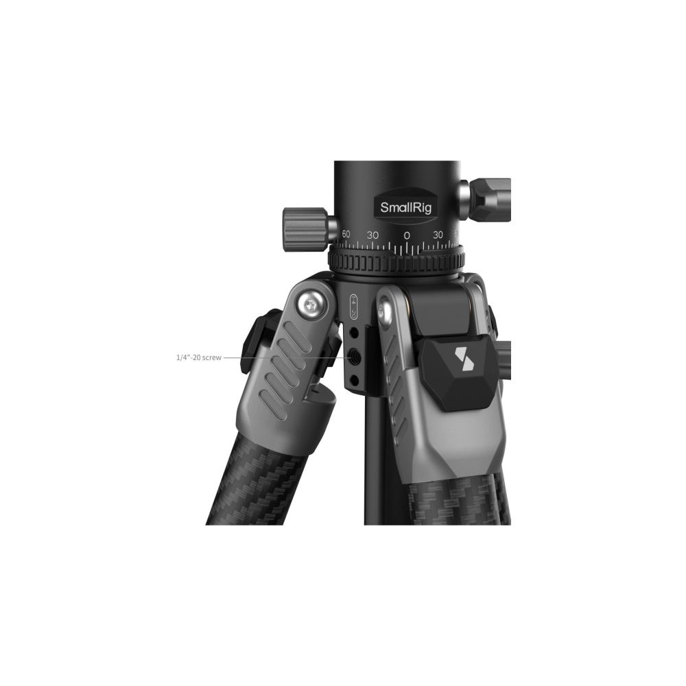 Close-up of a tripod head with carbon legs and a 1/4" screw.