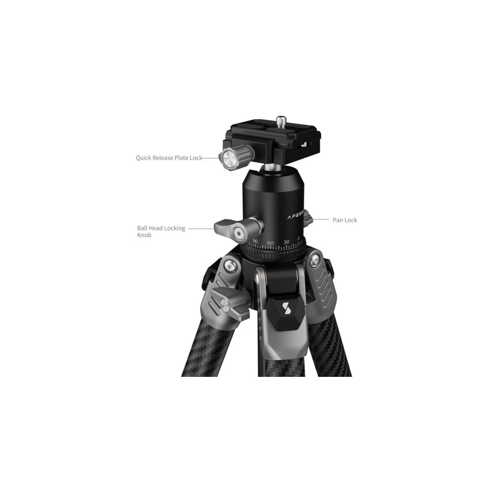 Black and gray tripod with ball head, pan lock, and quick release plate.