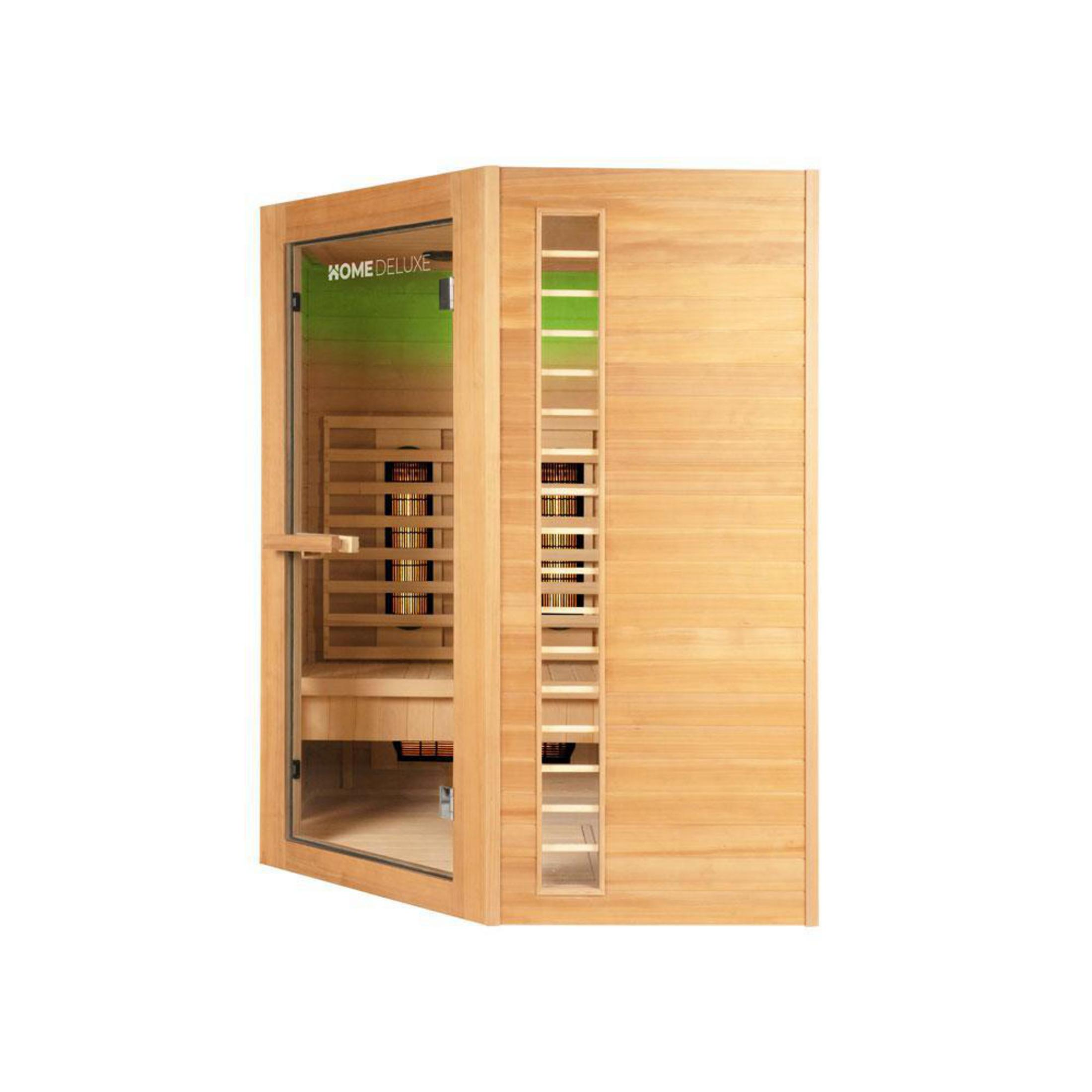 Eine hölzerne HOME DELUXE Sauna mit Glastür und Innenbänken.