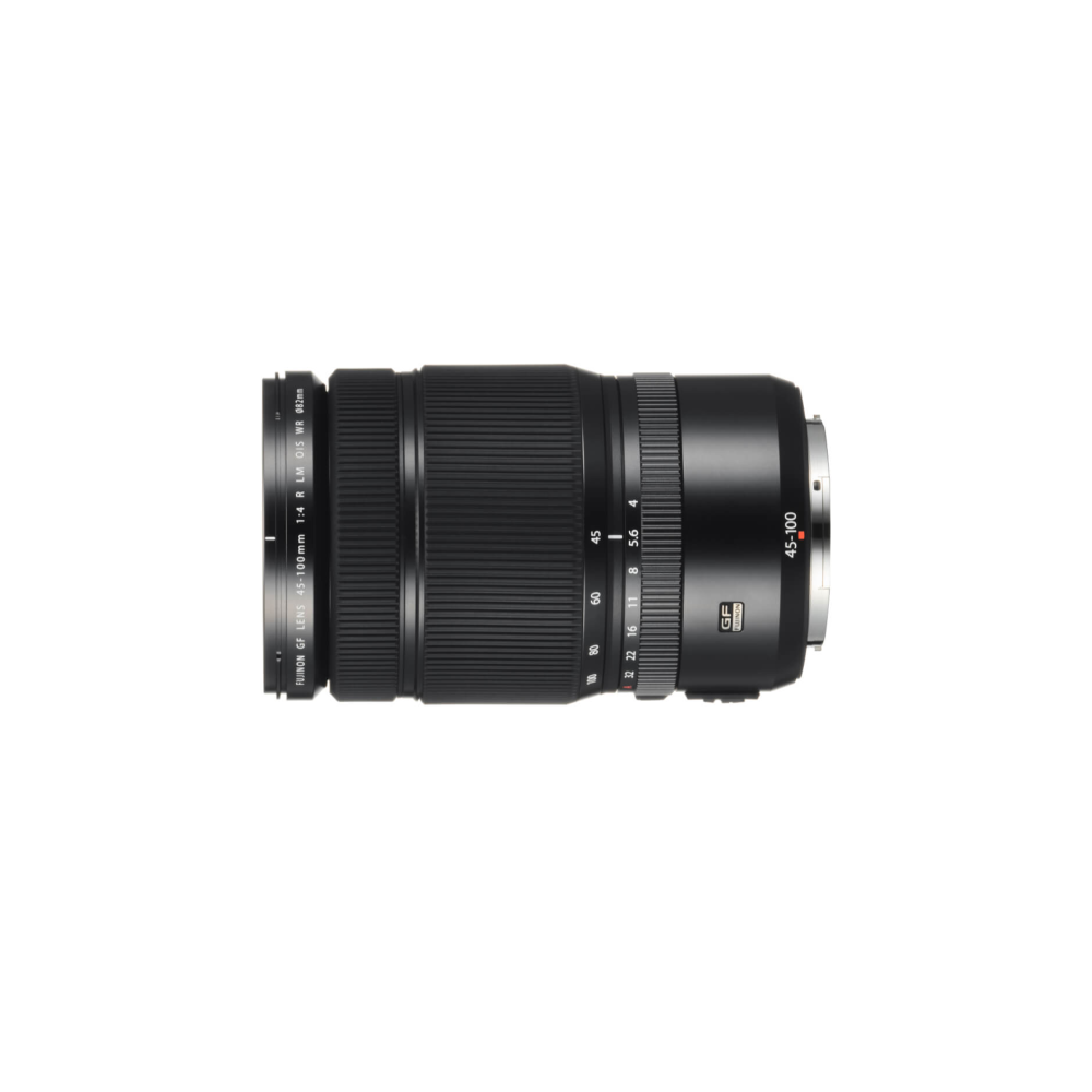 A black camera lens with a zoom ring and aperture markings.