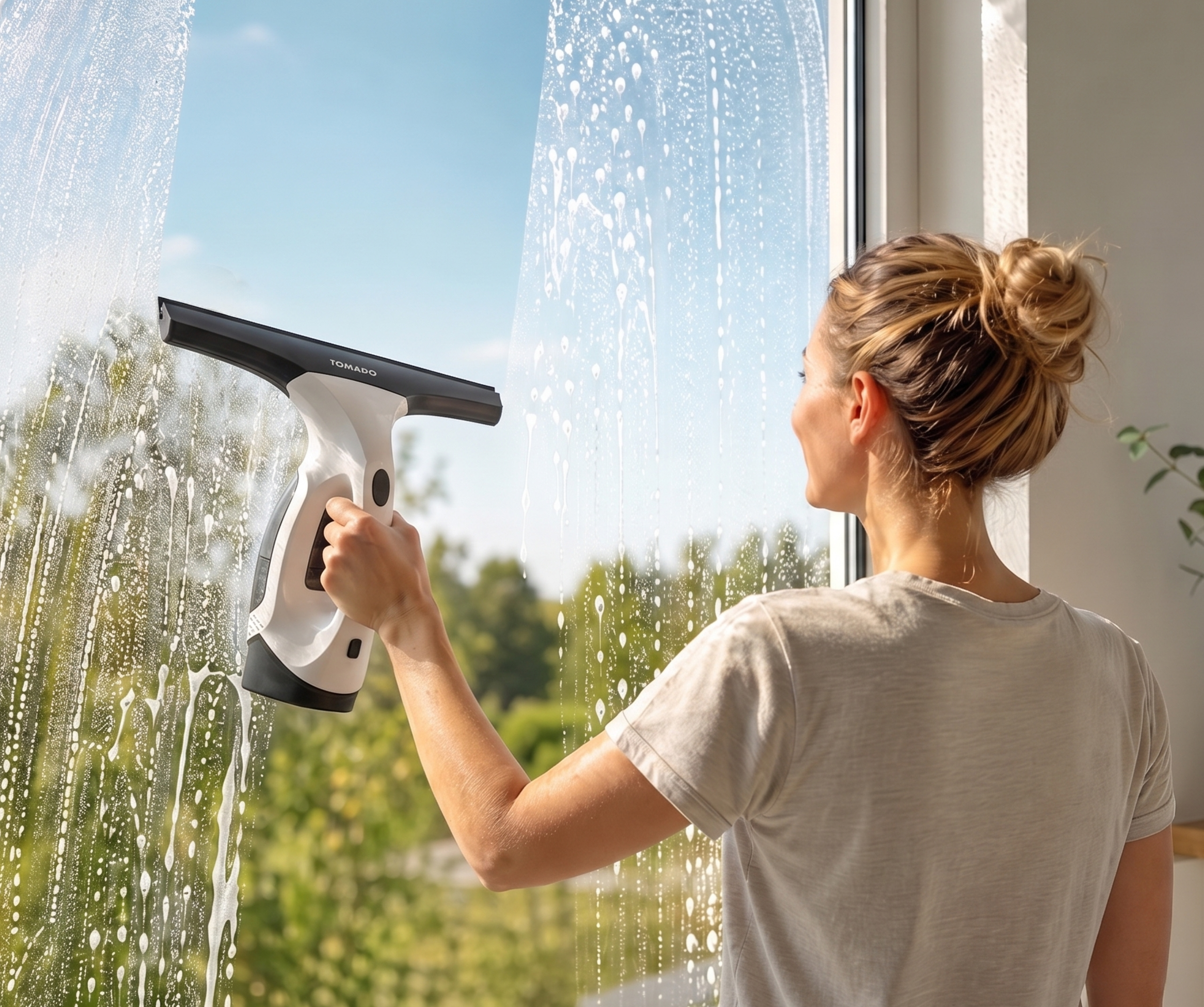 Eine Frau reinigt ein Fenster mit einem weißen und schwarzen Fensterwischer, Schaum läuft herunter.