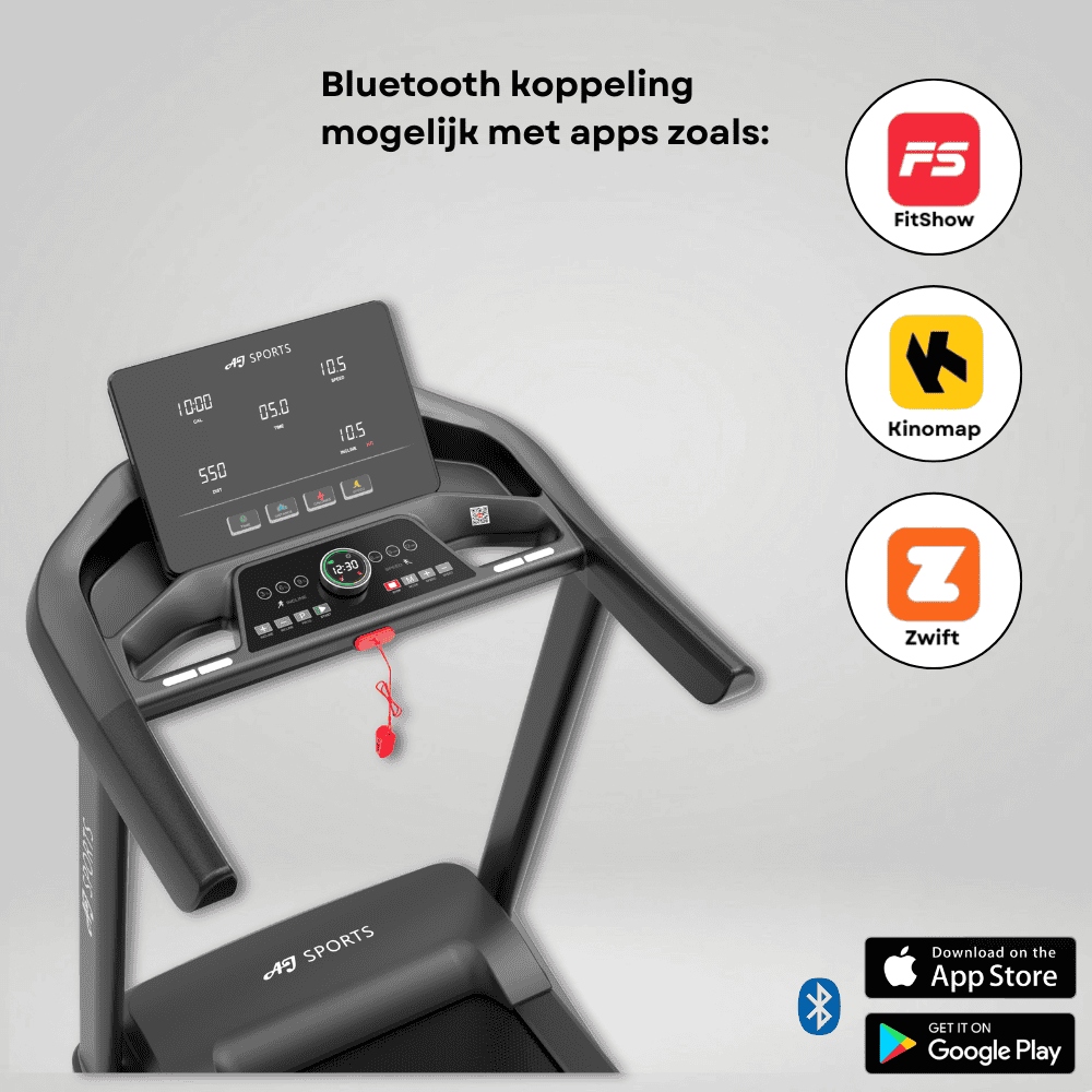 Een AJ SPORTS loopband met display die data toont. Logo's van FitShow, Kinomap, Zwift.