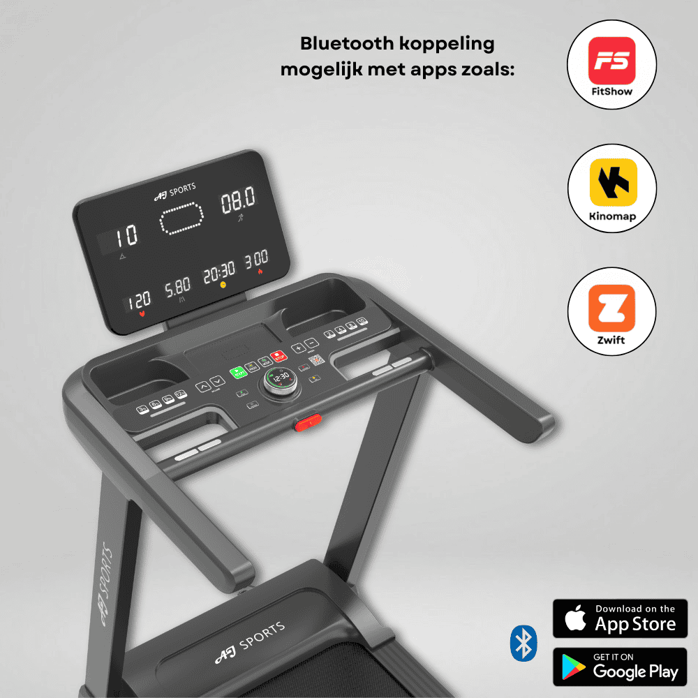 Een zwart loopband met digitaal display dat snelheid, tijd en afstand toont. App-iconen worden getoond.