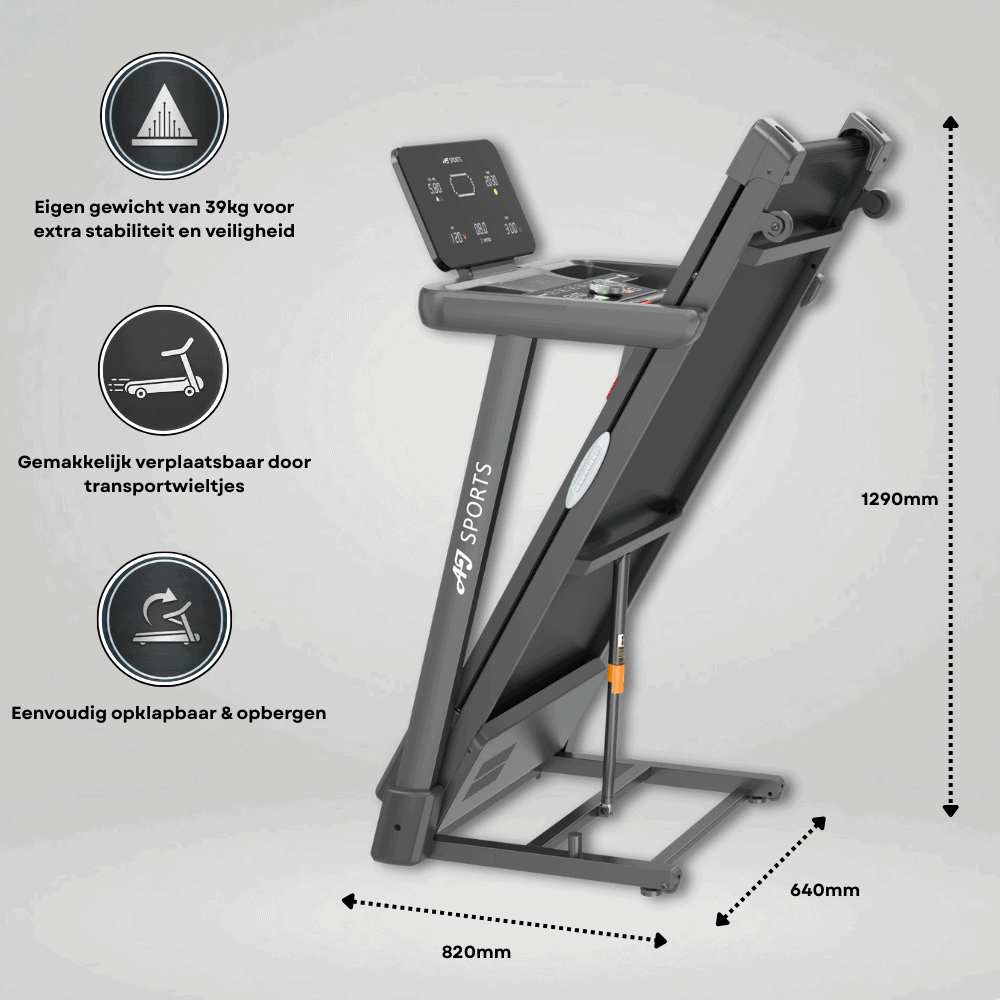 Zwart loopband met display, afmetingen 820x640x1290mm.