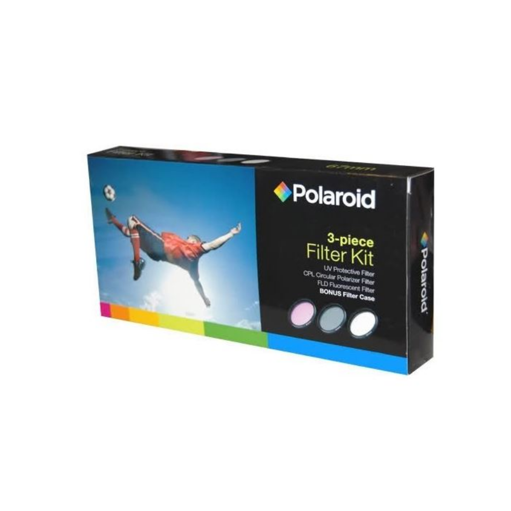 Polaroid 3-delige filterset met voetballer en drie filtervoorbeelden.