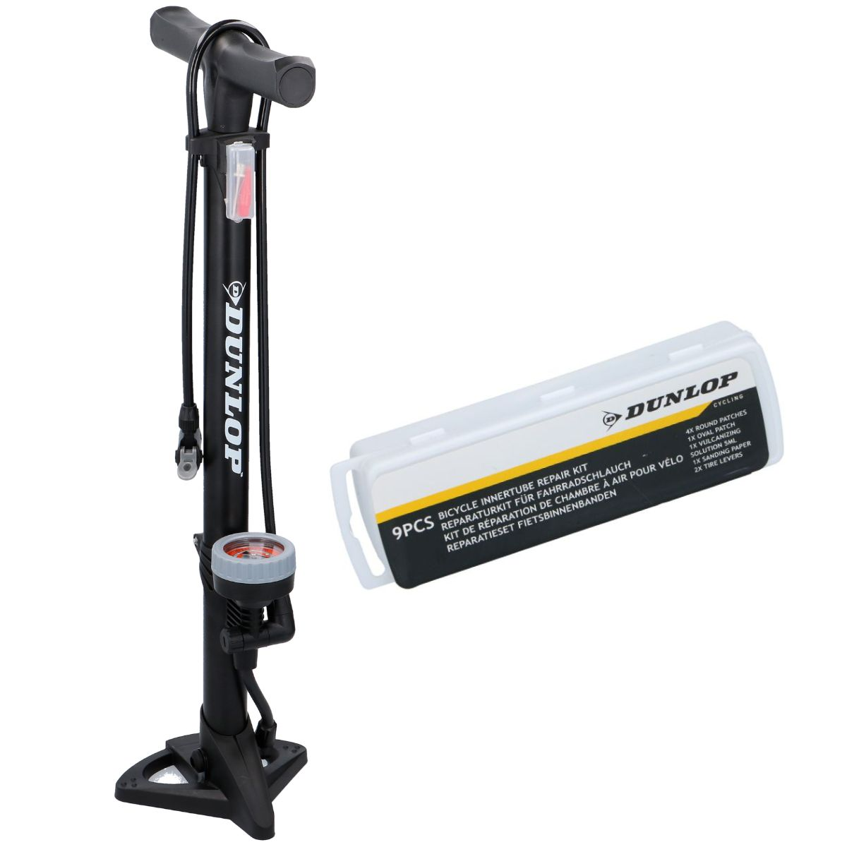 Pompe à vélo noire avec manomètre et un kit de réparation de chambre à air.