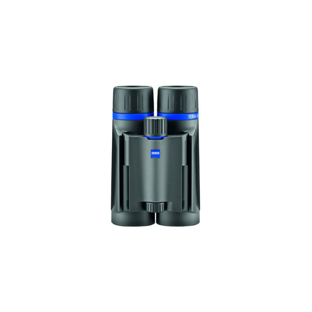 Prismáticos Zeiss grises con detalles azules y rueda de enfoque.