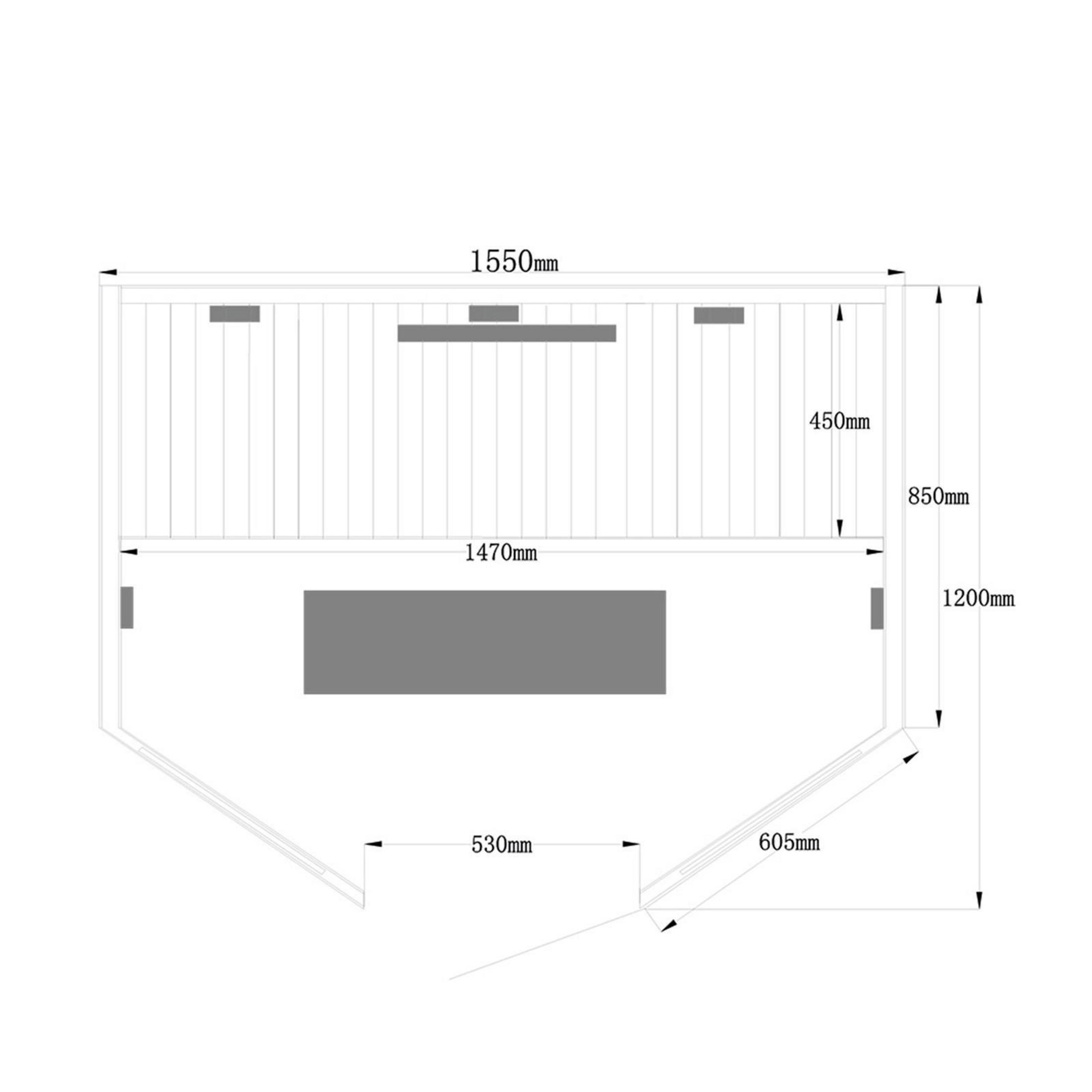 Sauna-Diagramm mit Maßen. Eine Bank ist in der Mitte.