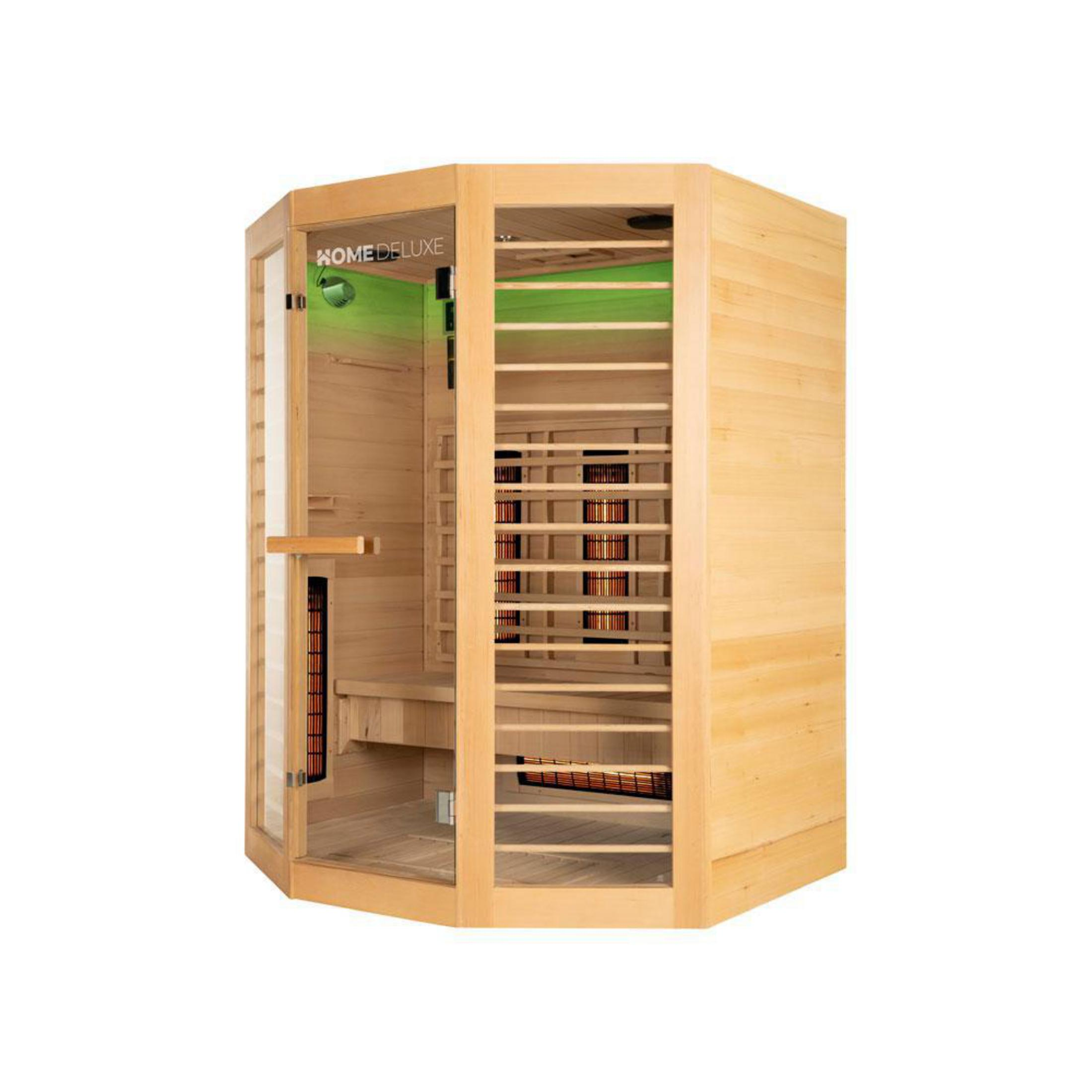 Eine Holzkabine mit Glastür und grüner Beleuchtung, mit Sitzbänken und Heizstrahlern.