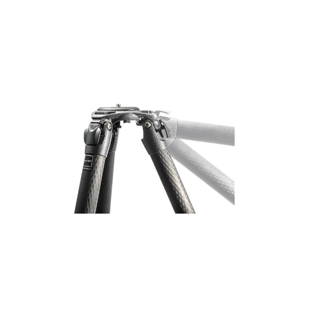A carbon tripod head with metal joints; one leg is ghosted.