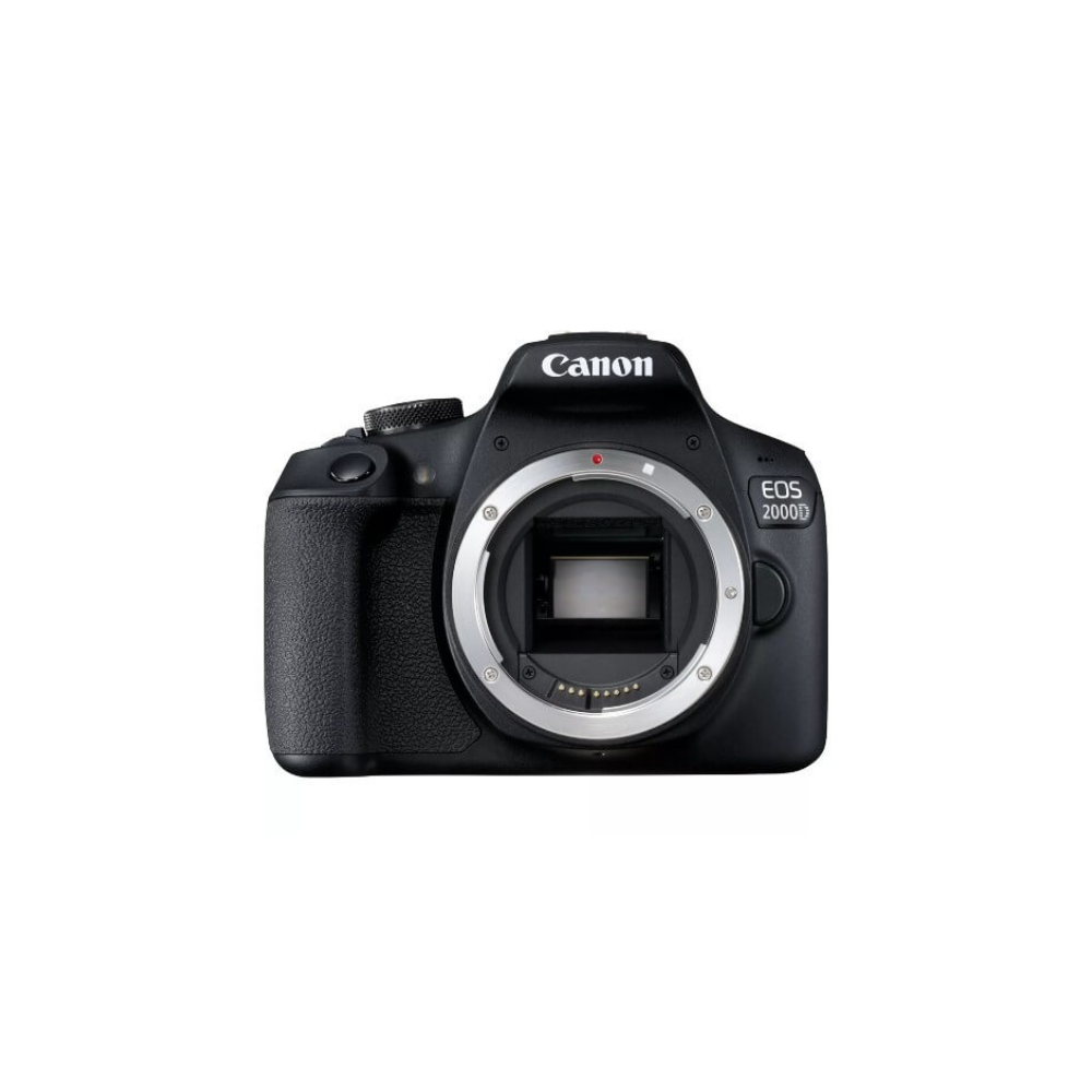Black Canon EOS 2000D camera from the front, no lens attached.