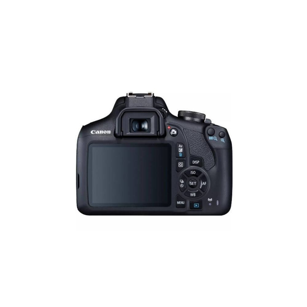Rear view of a black Canon digital camera with LCD screen and control buttons.