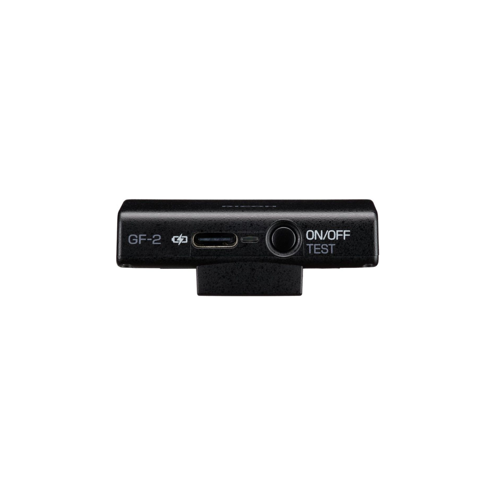 Black rectangular device with ports and text labels.