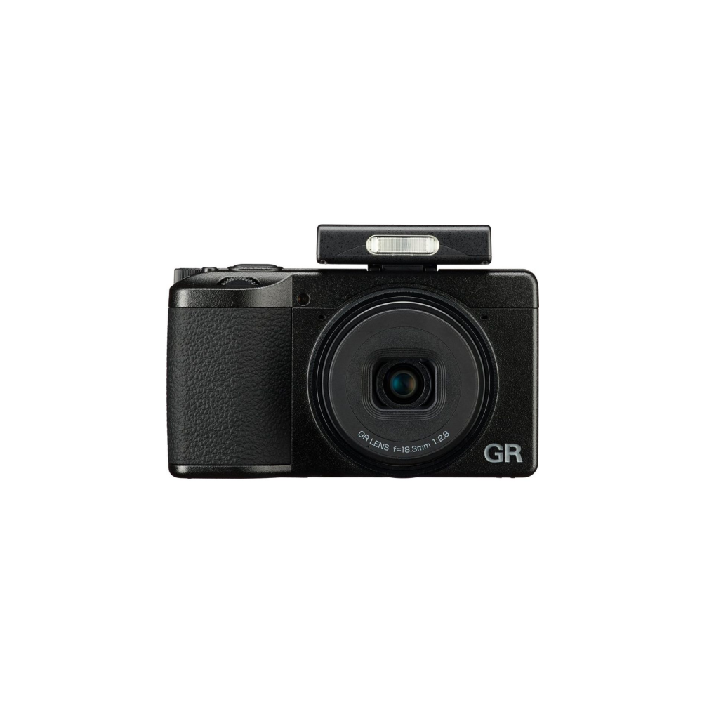 Black digital camera with pop-up flash and GR lens.