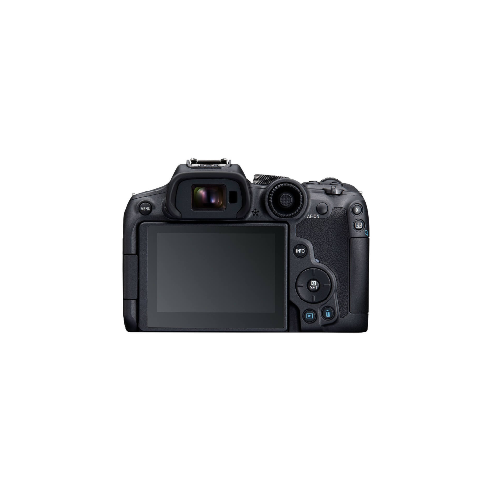 Achterkant van een zwarte digitale camera met scherm en zoeker.