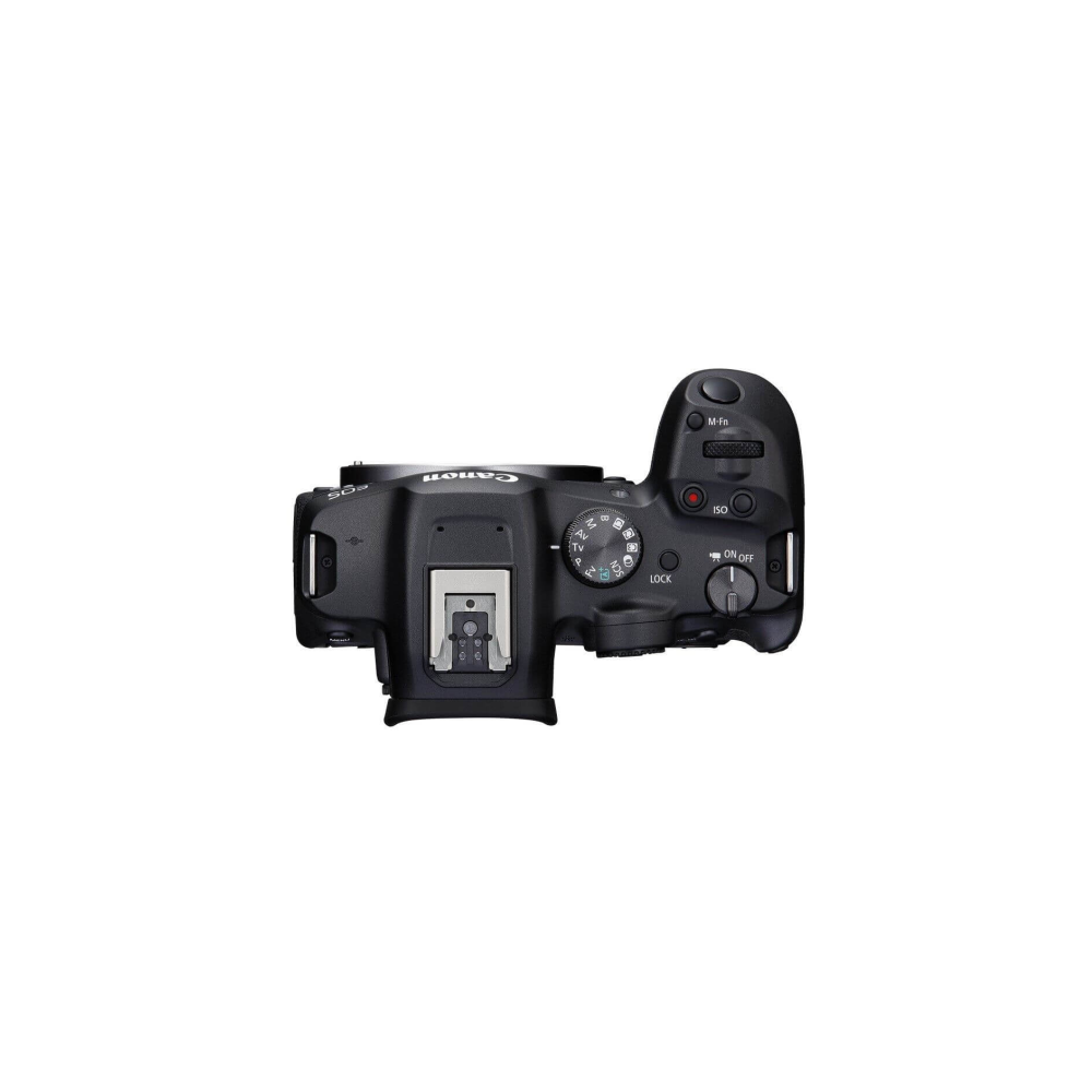 Bovenaanzicht van een zwarte Canon EOS R digitale camera met bedieningselementen.