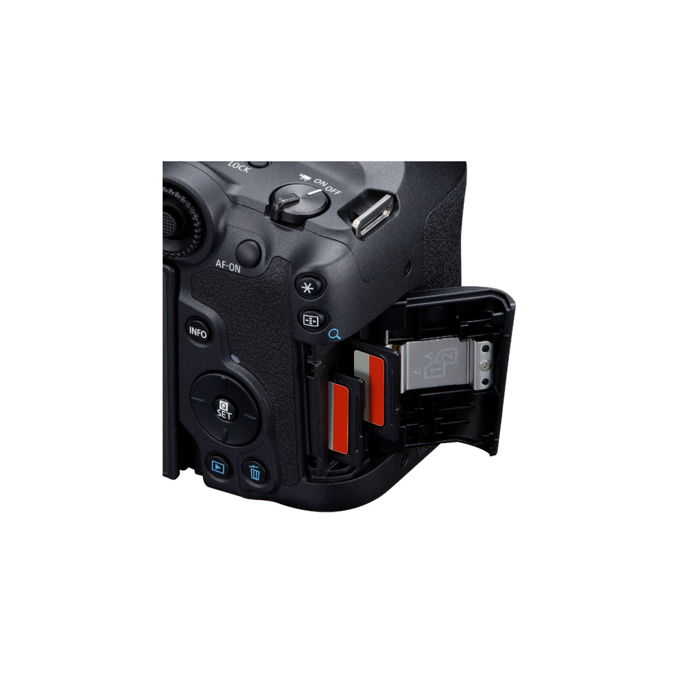 Close-up of a camera showing two SD cards inserted into slots.