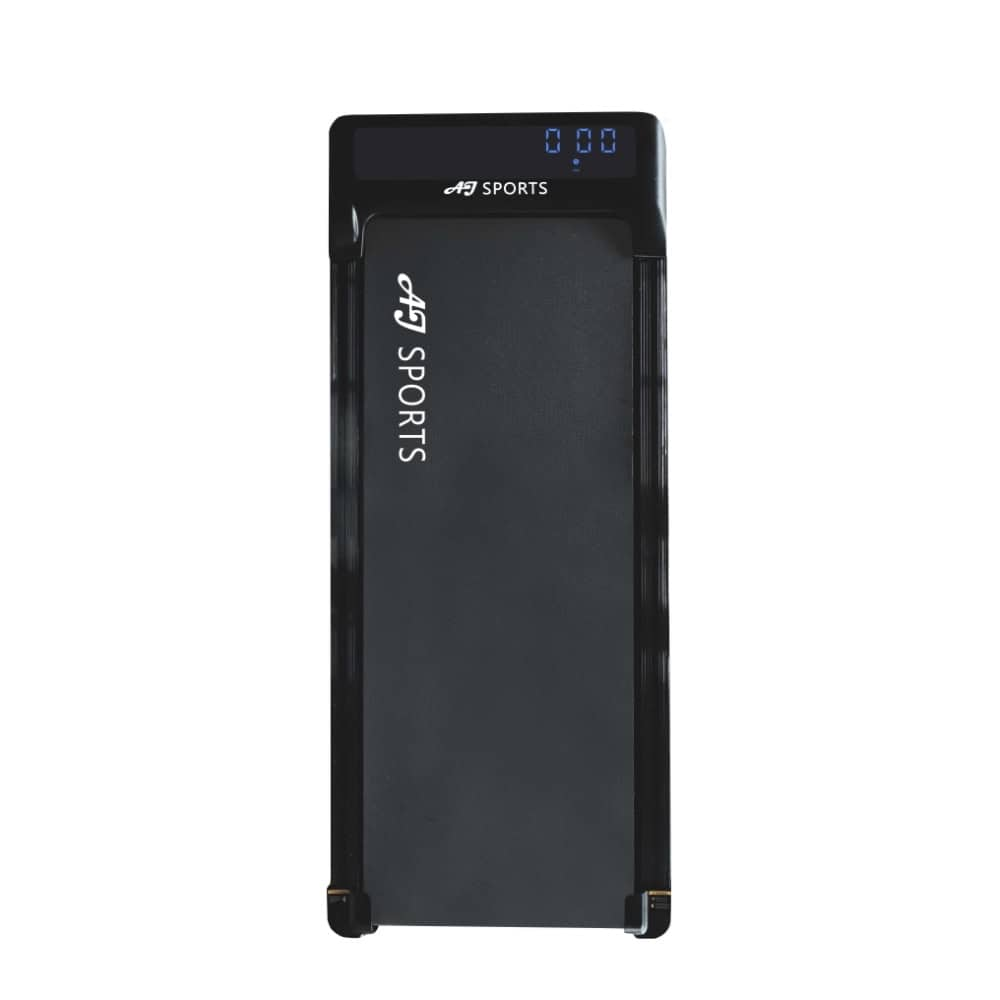 Black treadmill with a blue digital display and AJ SPORTS logo.