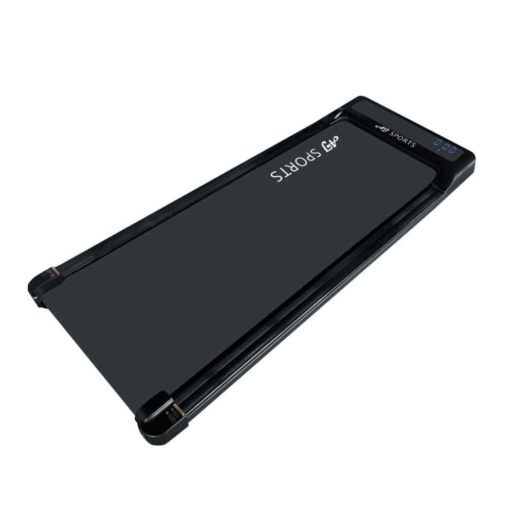 Een zwart, slank loopband-loopband met een digitaal display dat 0.00 toont.