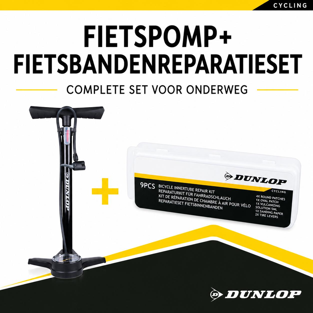 Black bicycle pump and a Dunlop bicycle inner tube repair kit.