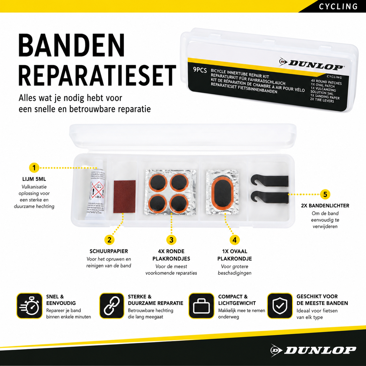 A bicycle repair kit with vulcanizing solution, sandpaper, patches, and tire levers.