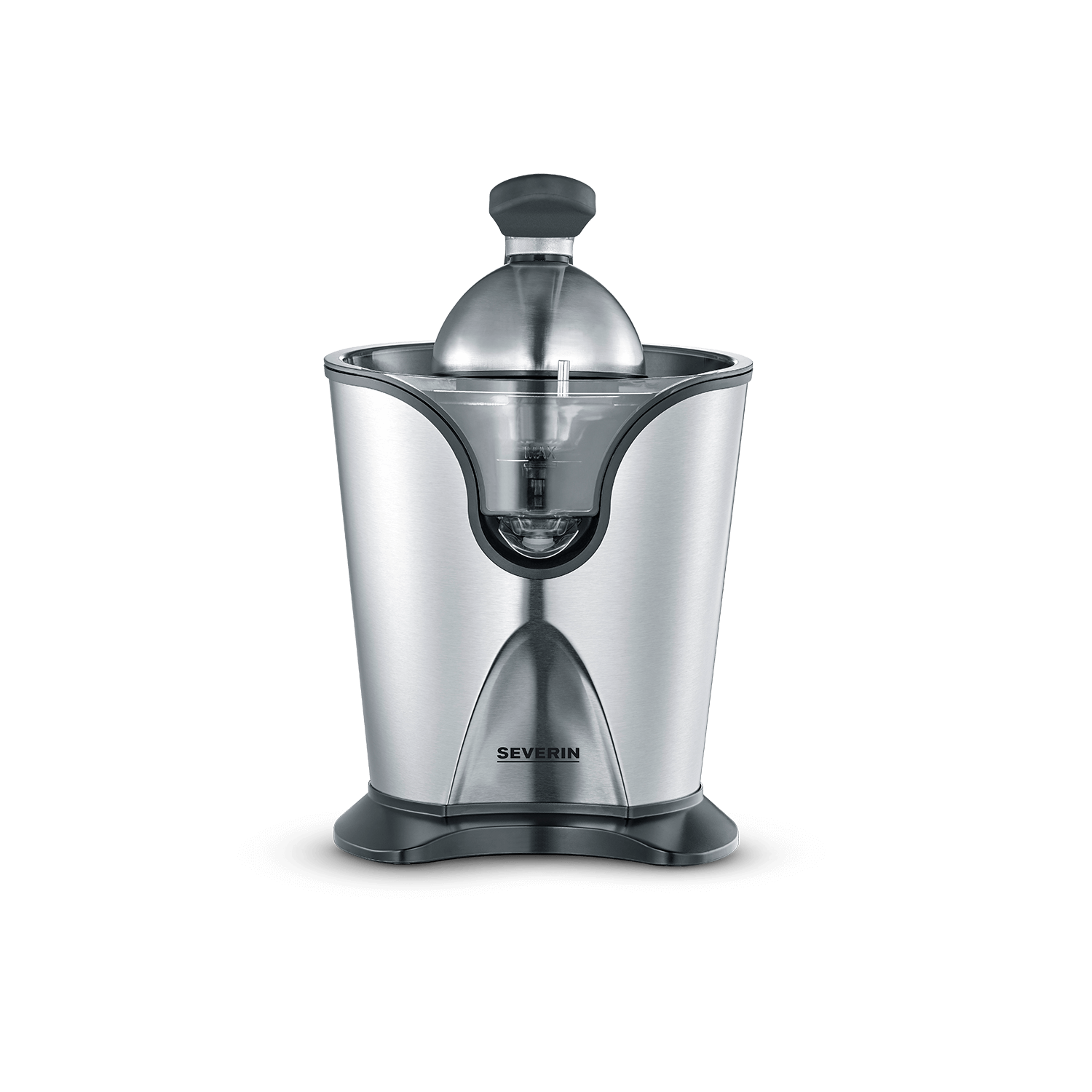Un spremiagrumi argento con caraffa di raccolta trasparente e manico nero.