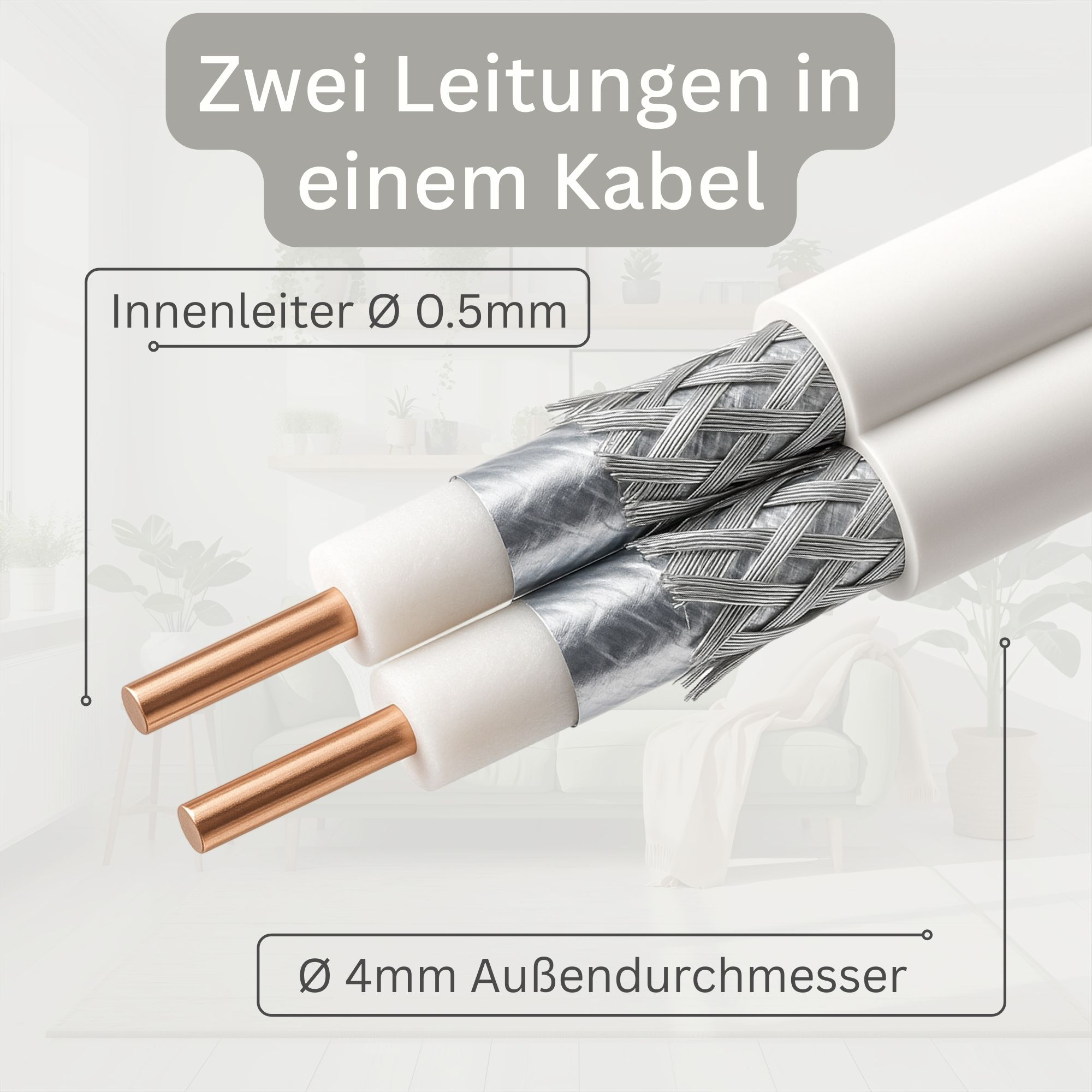 Zwei Leitungen in einem Kabel mit 0,5mm Innenleiter und 4mm Außendurchmesser.