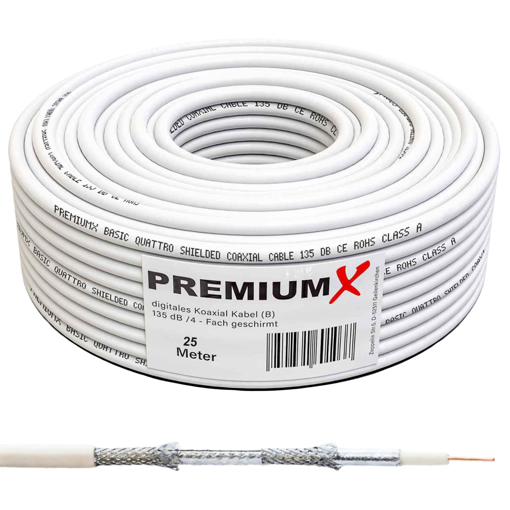 Eine Rolle weißes Koaxialkabel mit Aufdruck 'PREMIUMX', 25 Meter.