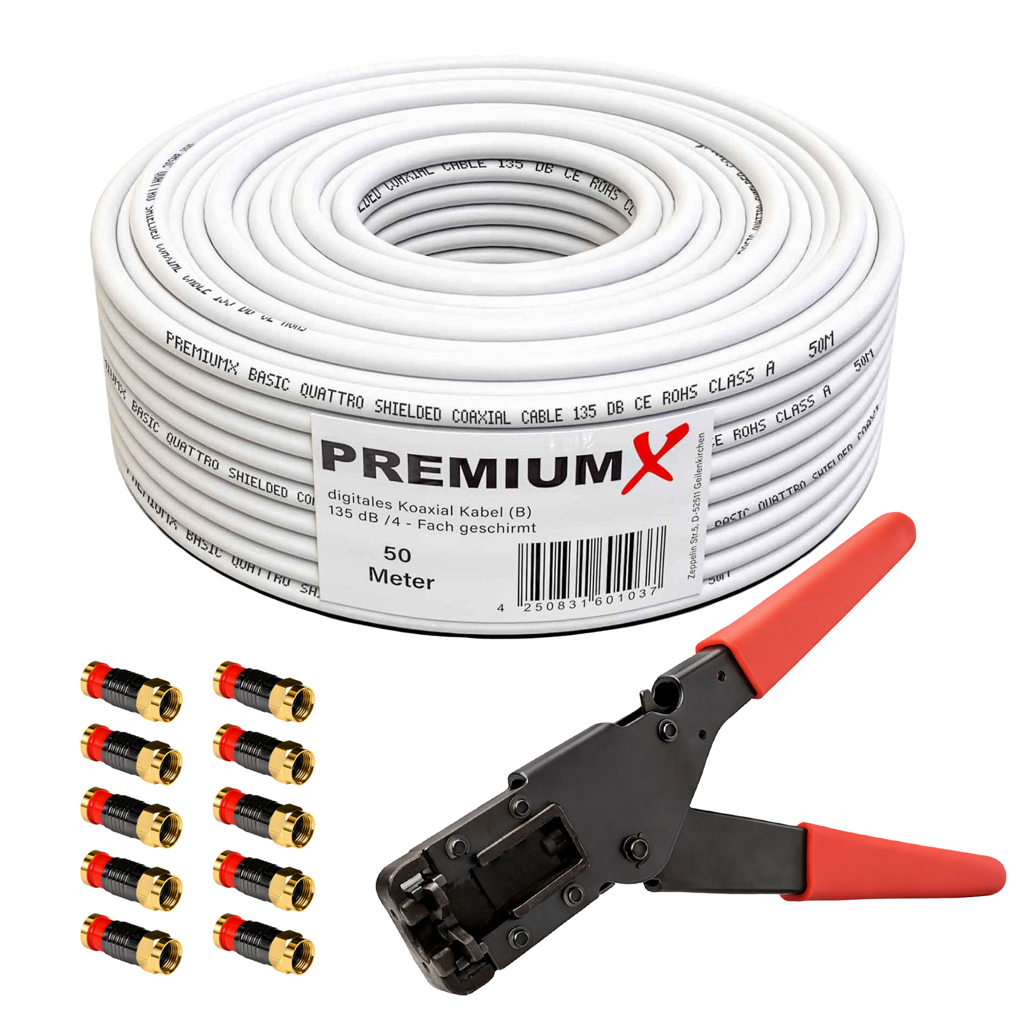 Koaxialkabelrolle, Crimpzange und 10 F-Stecker mit roten Ringen.