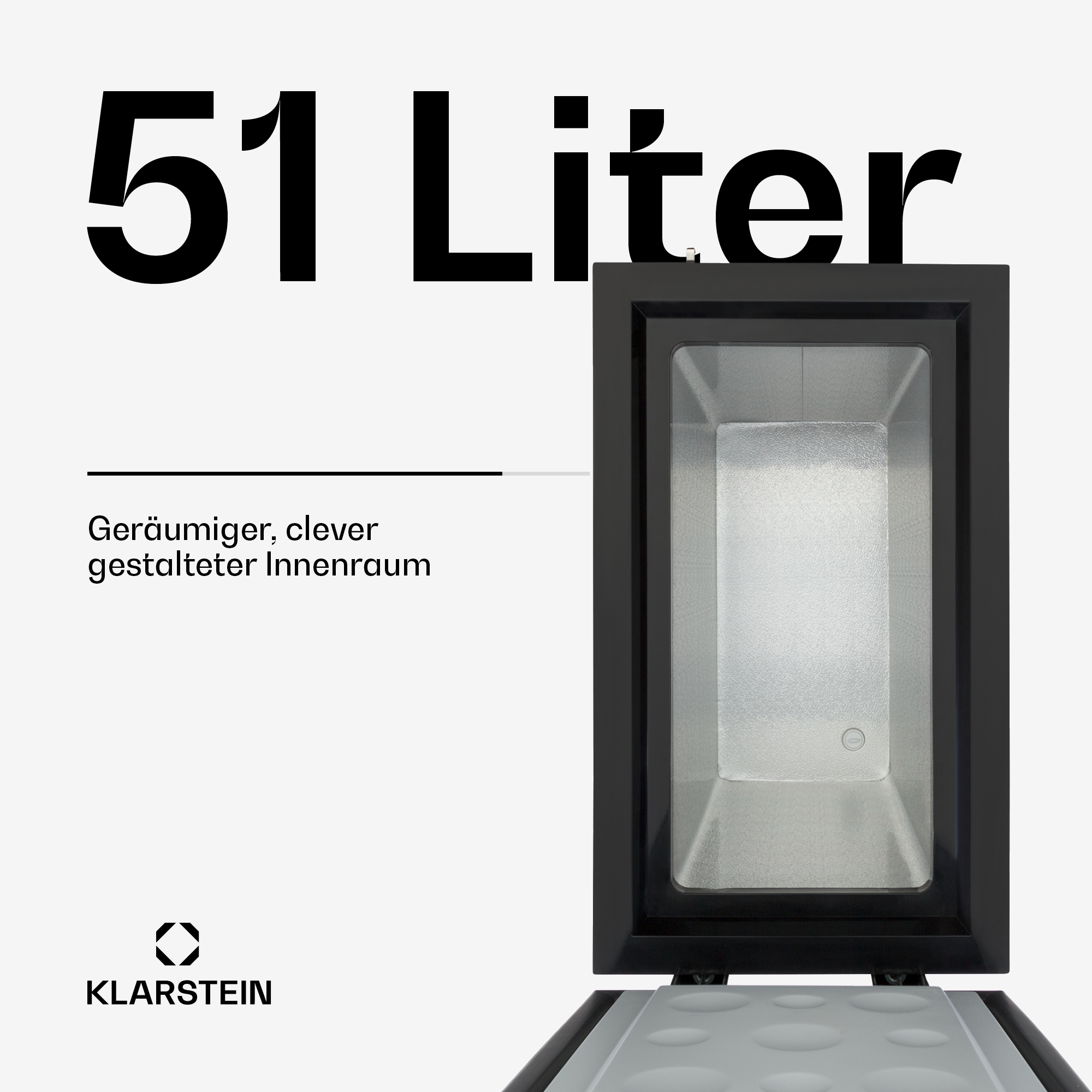 Un frigorifero da 51 litri con porta in vetro e logo Klarstein.