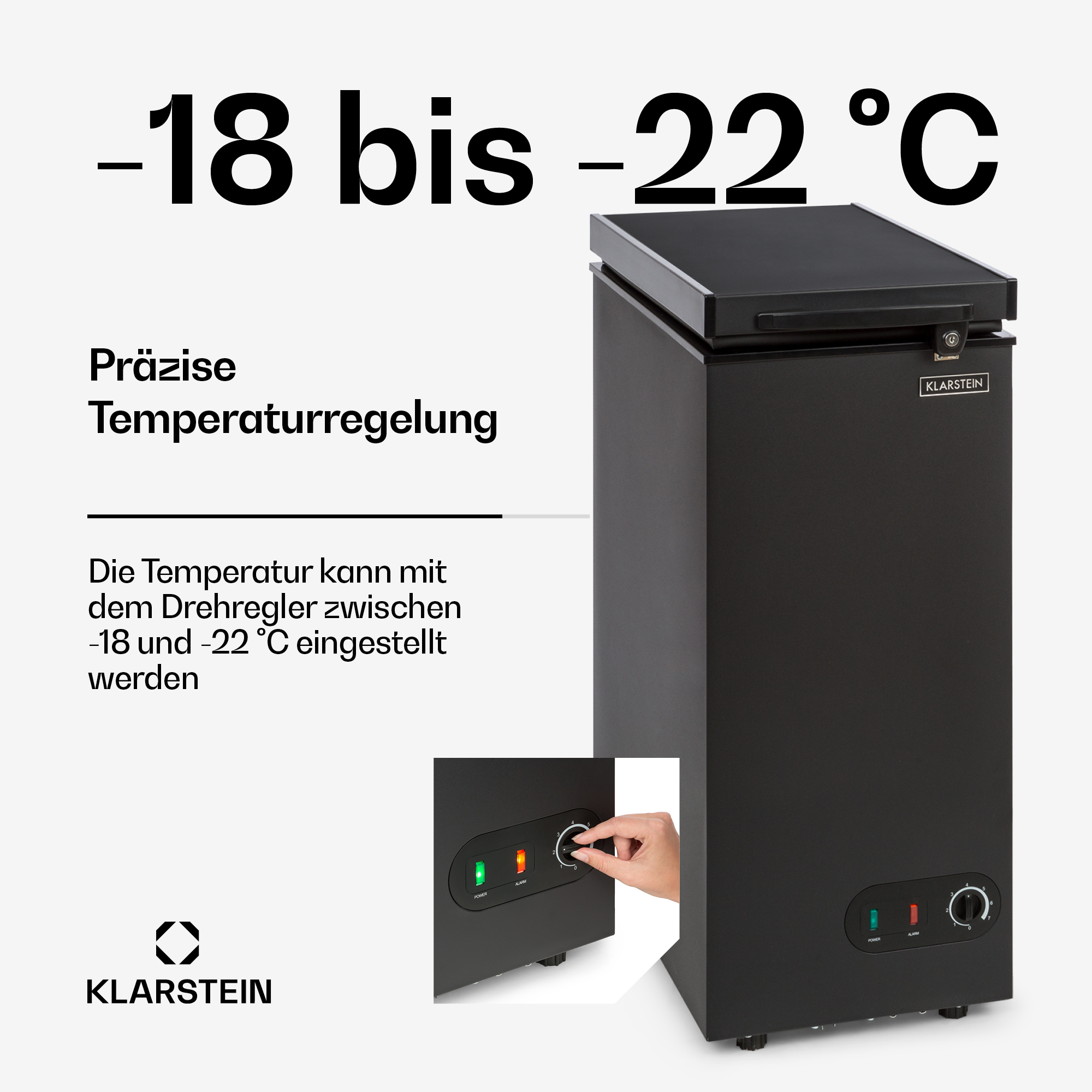 Congelatore nero con controllo della temperatura da -18 a -22°C.