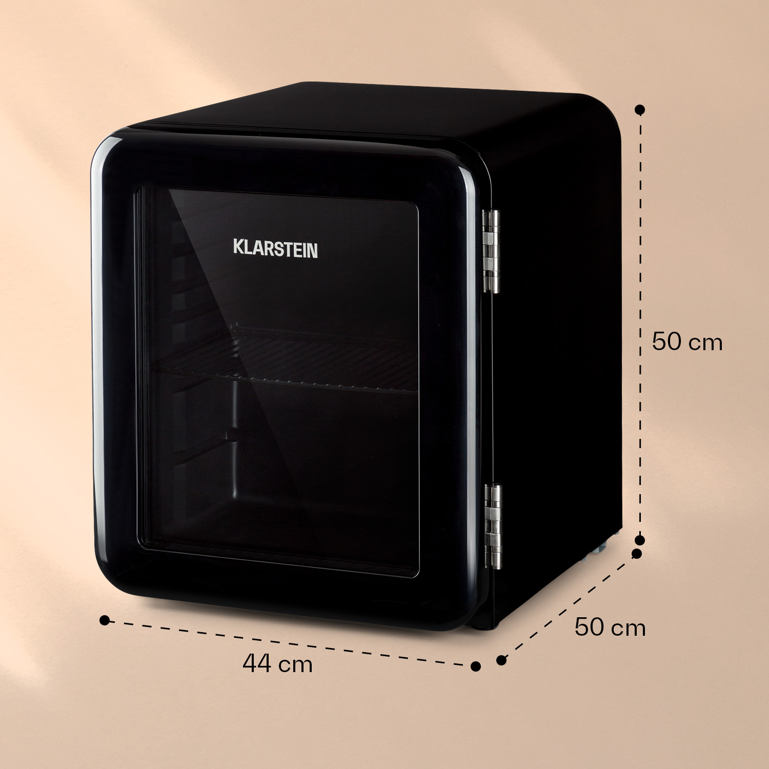 Refrigerador compacto negro con puerta de cristal y logo Klarstein. Dimensiones: 44x50x50 cm.