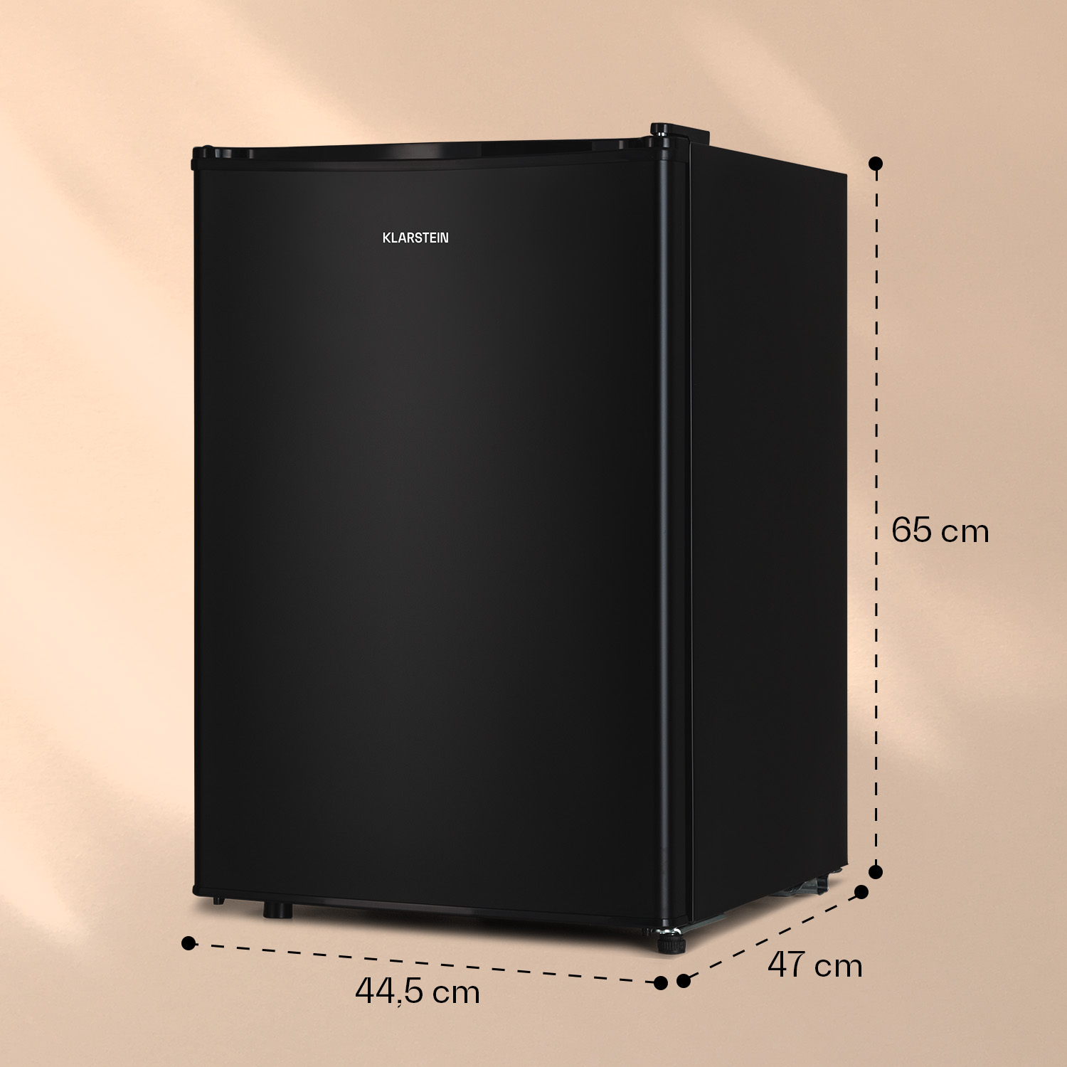 Un refrigerador Klarstein negro con dimensiones de 65x44,5x47 cm sobre fondo claro.