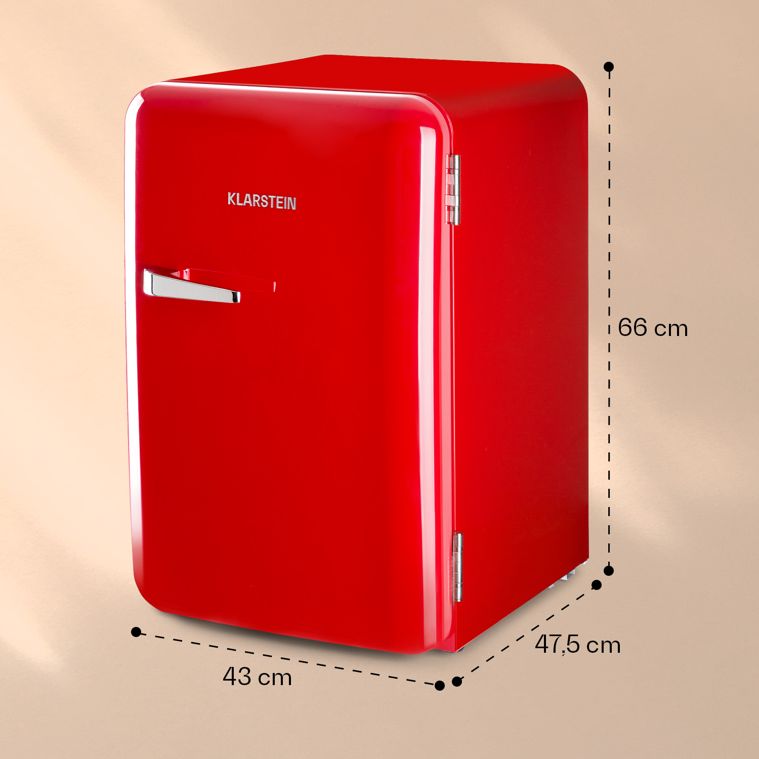 Un piccolo frigorifero rosso con maniglia argentata e dimensioni.
