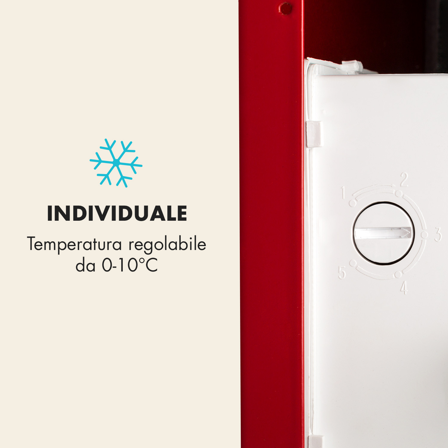 Icono de copo de nieve y texto: Individual, temperatura regulable 0-10°C.
