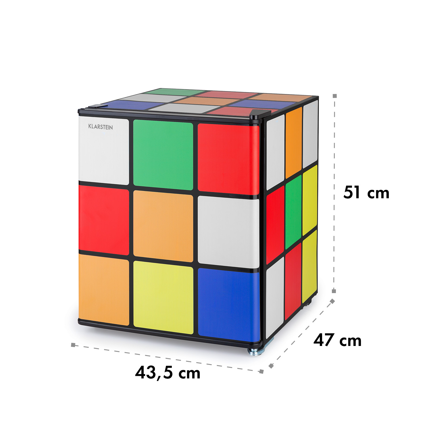Ein Kühlschrank im Rubik's Cube Design mit Maßen 43,5x47x51 cm.