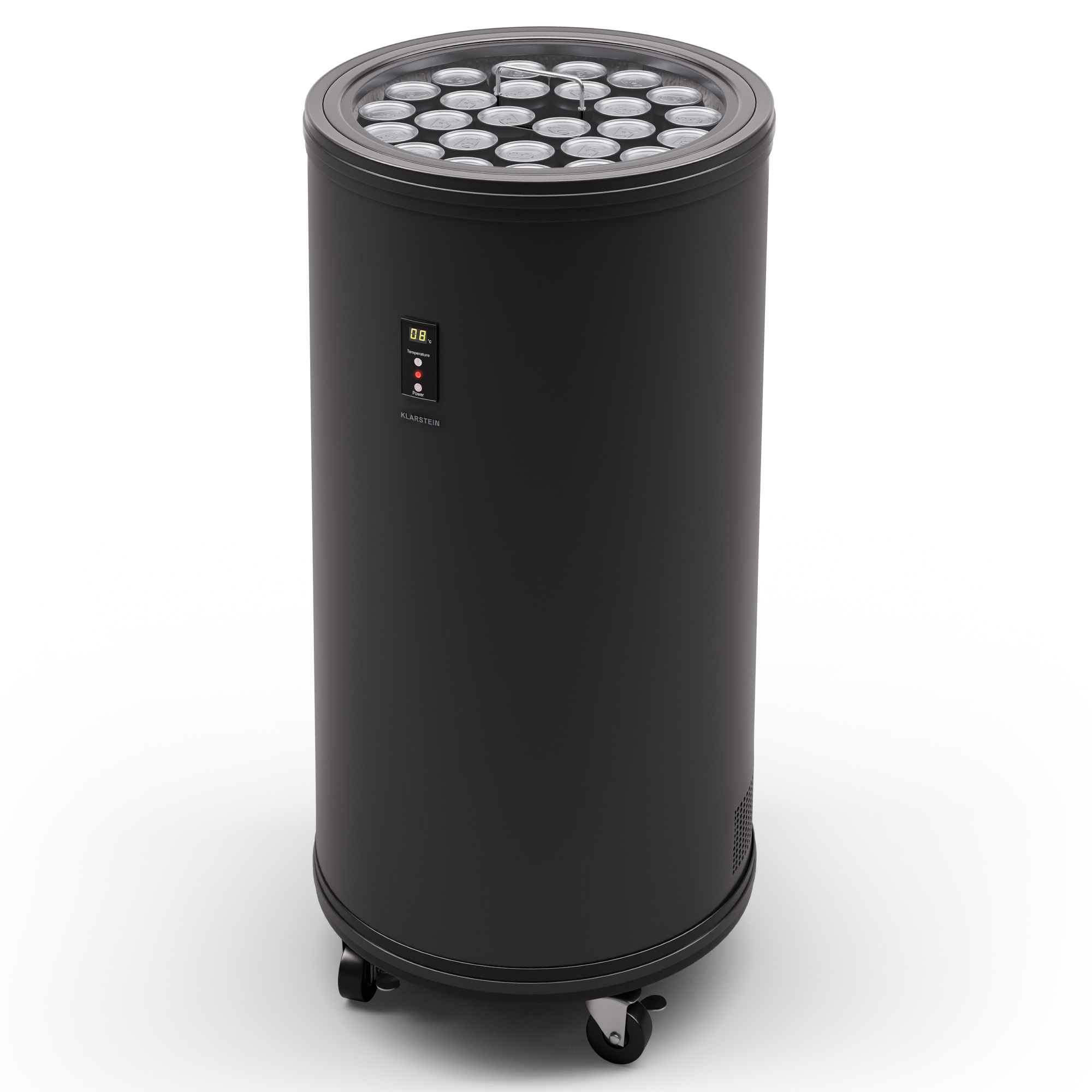 Un refrigeratore cilindrico nero con ruote e coperchio in vetro pieno.