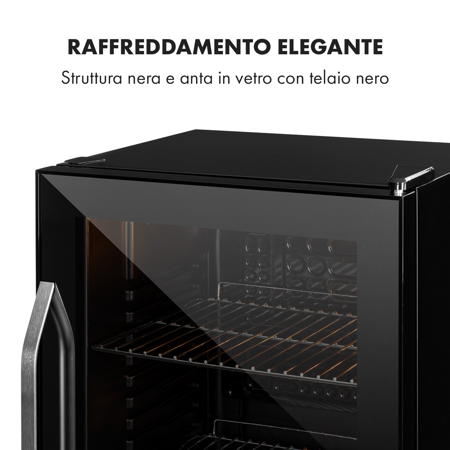 Un frigorifero nero con porta in vetro e maniglia argentata.
