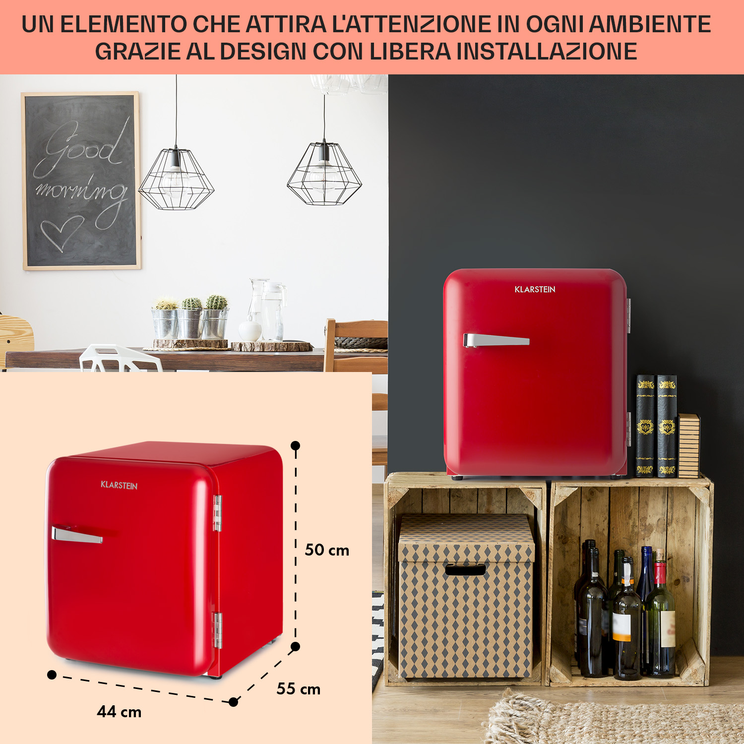 Un mini frigo retrò rosso è mostrato, dimensioni 44x55x50cm. Posizionato su casse di legno.