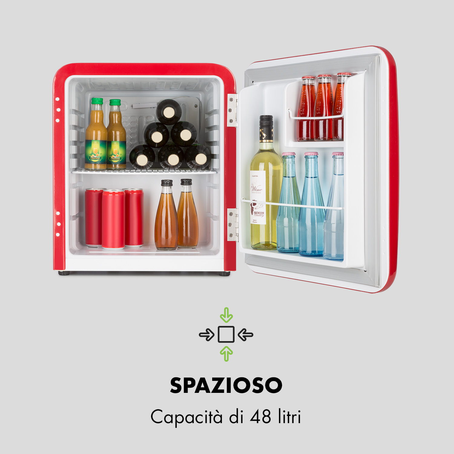 Un mini-frigo rosso con porte aperte, pieno di bottiglie e lattine.