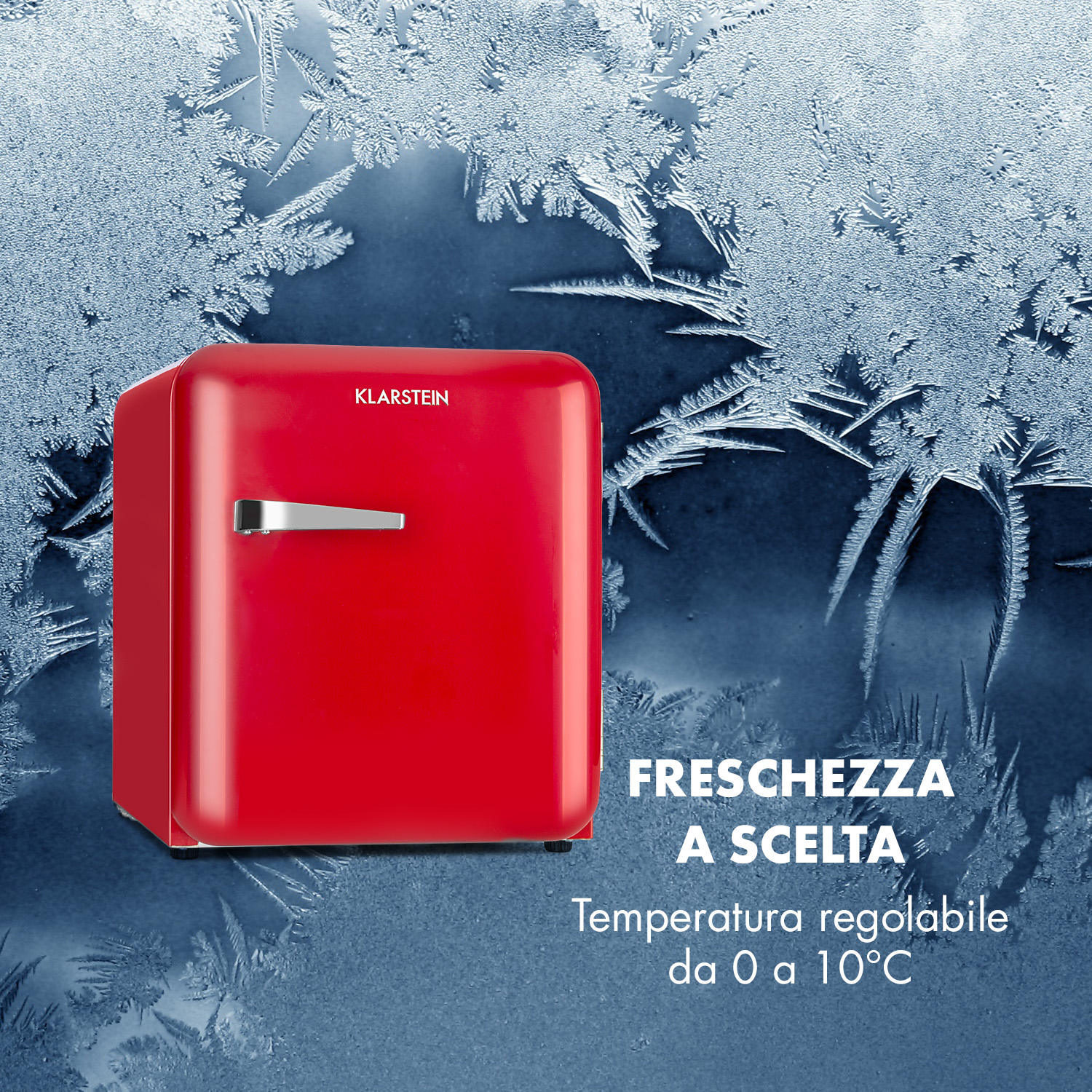 Un mini frigo rosso Klarstein con sfondo di ghiaccio.