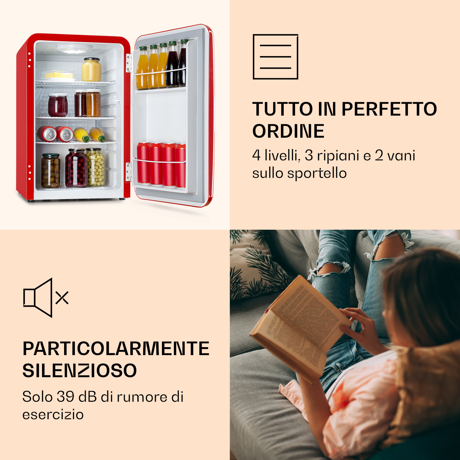 Frigorifero rosso con porta aperta, pieno di cibo e bevande.