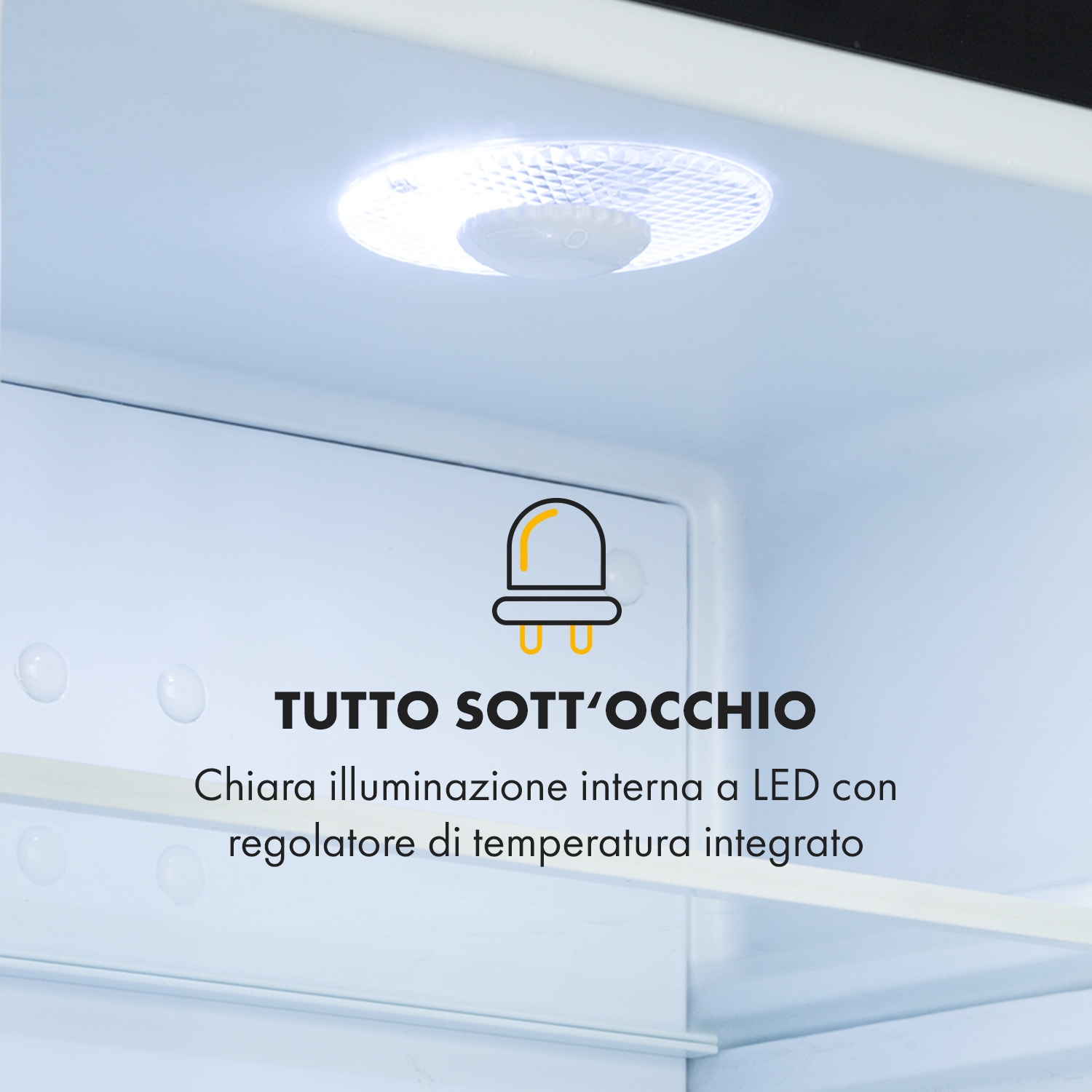 Interno frigorifero con luce LED e controllo temperatura integrato.