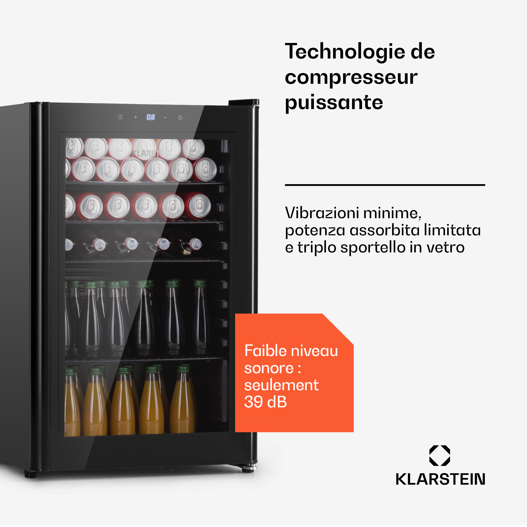 Ein schwarzer Kühlschrank voller Getränkedosen und Flaschen. Starker Kompressor.