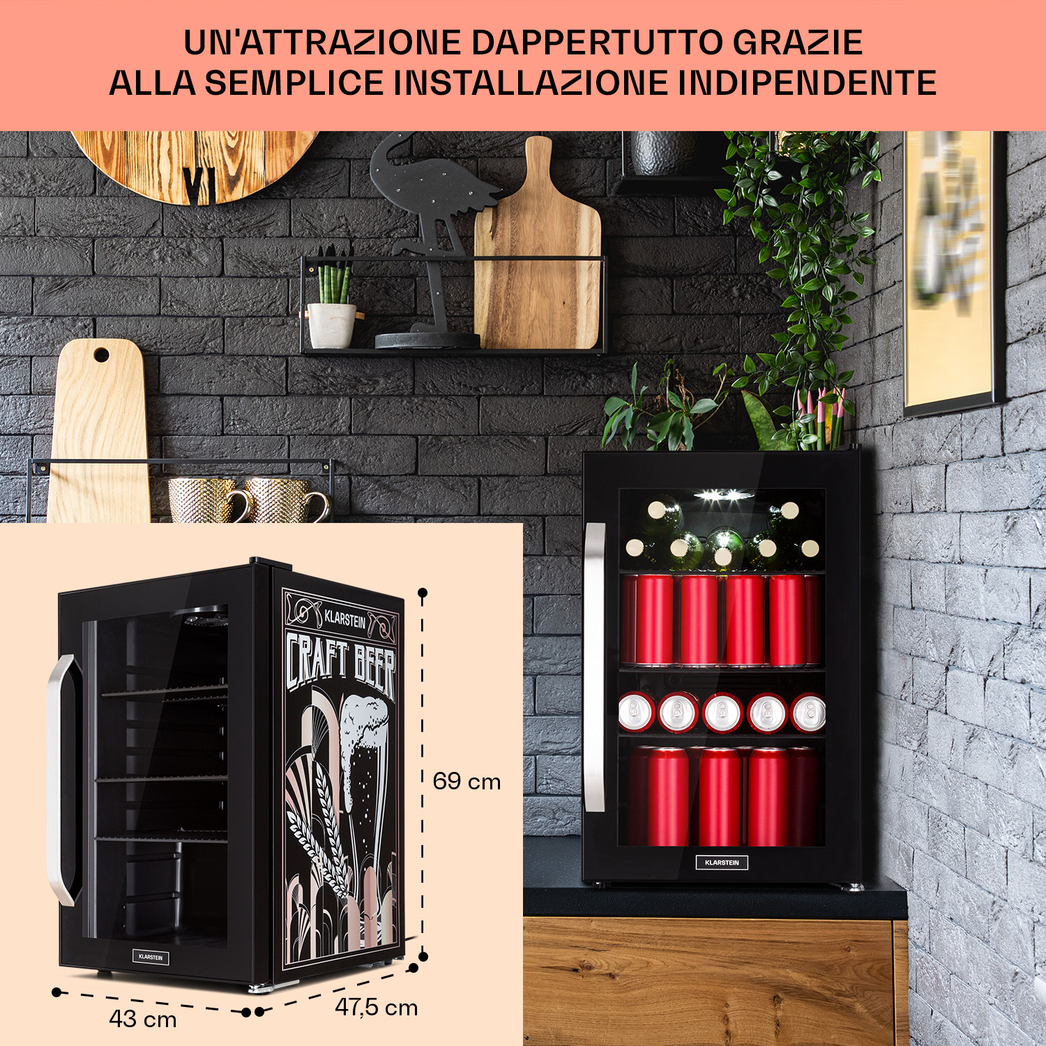 Ein schwarzer Kühlschrank mit Glasfront, gefüllt mit Dosen und Flaschen, daneben eine Ansicht.